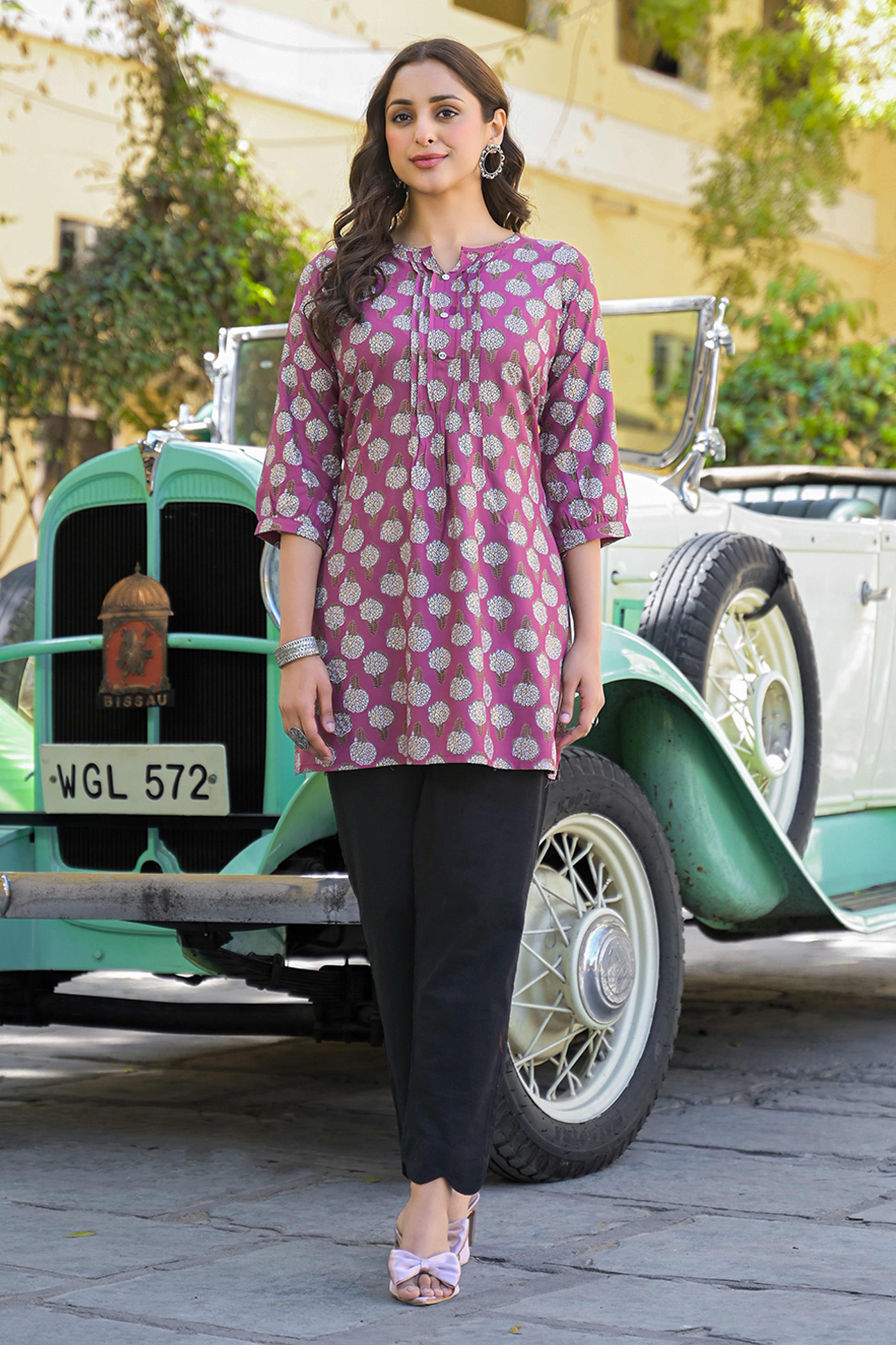 Purple Floral Printed Rayon Straight Top