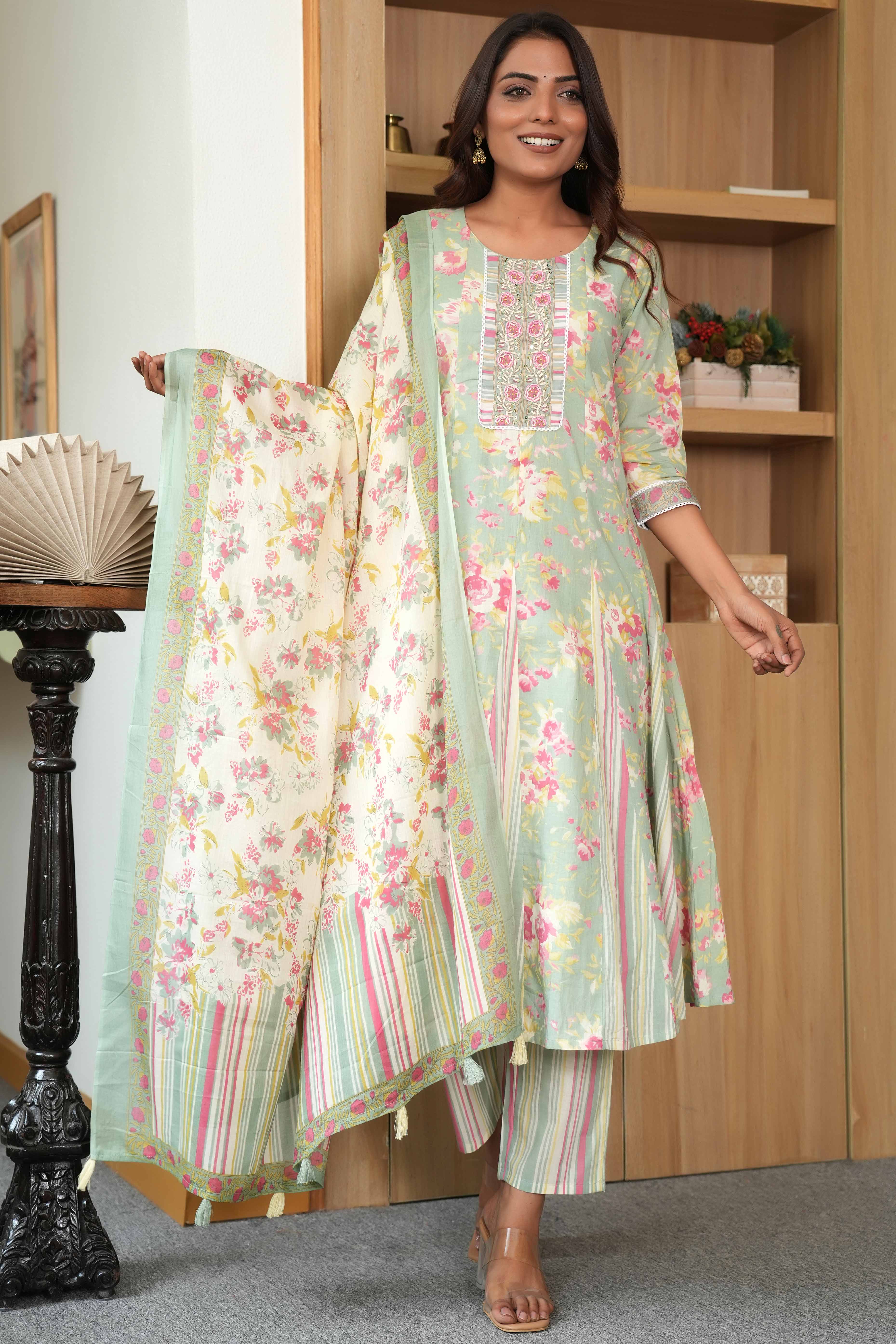 Floral Printed Pista Green Pure Cotton A-Line Salwar Suit with Intricate Handwork
