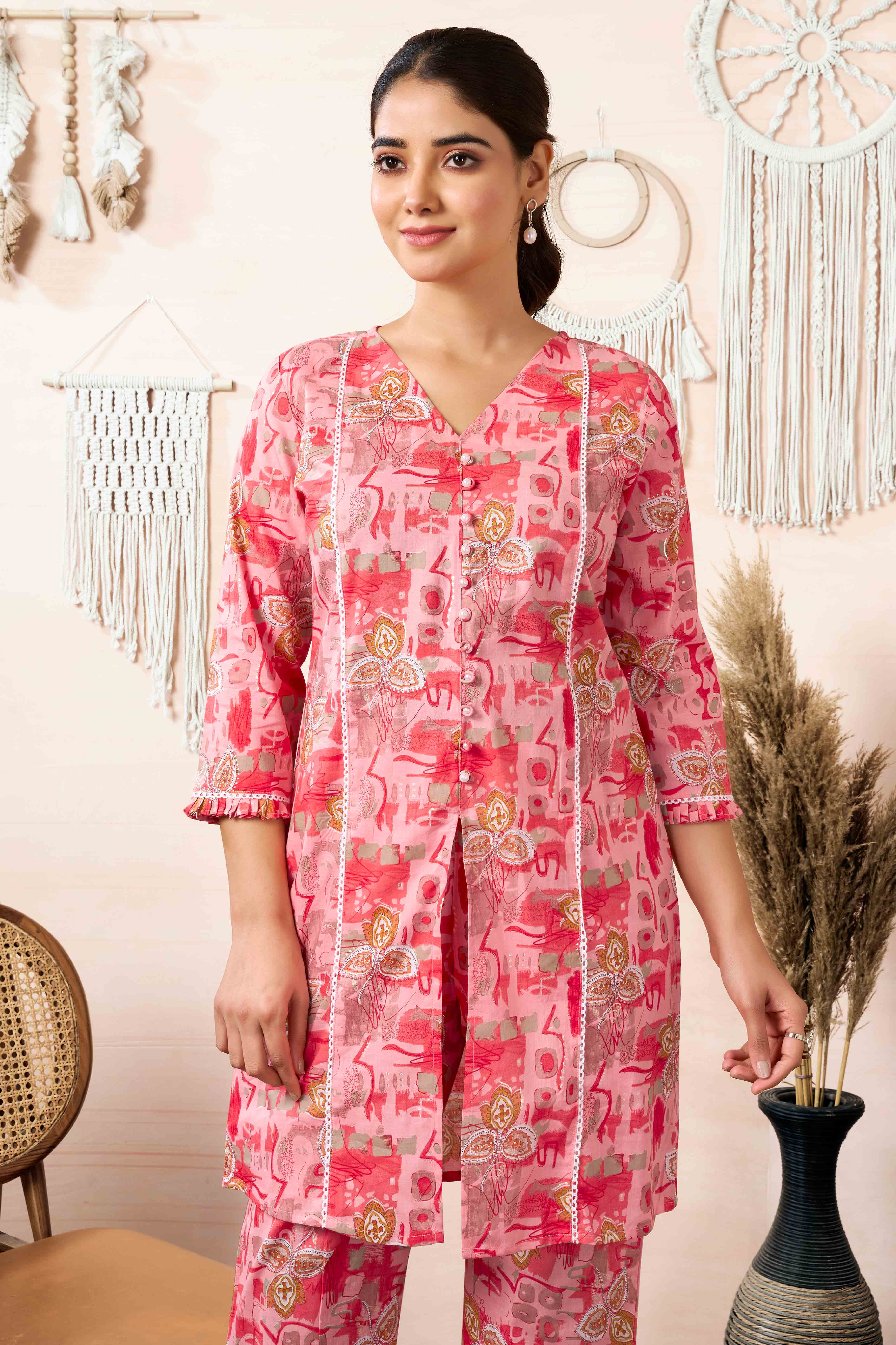 Peach Floral Printed Pure Cotton Co-ord Set