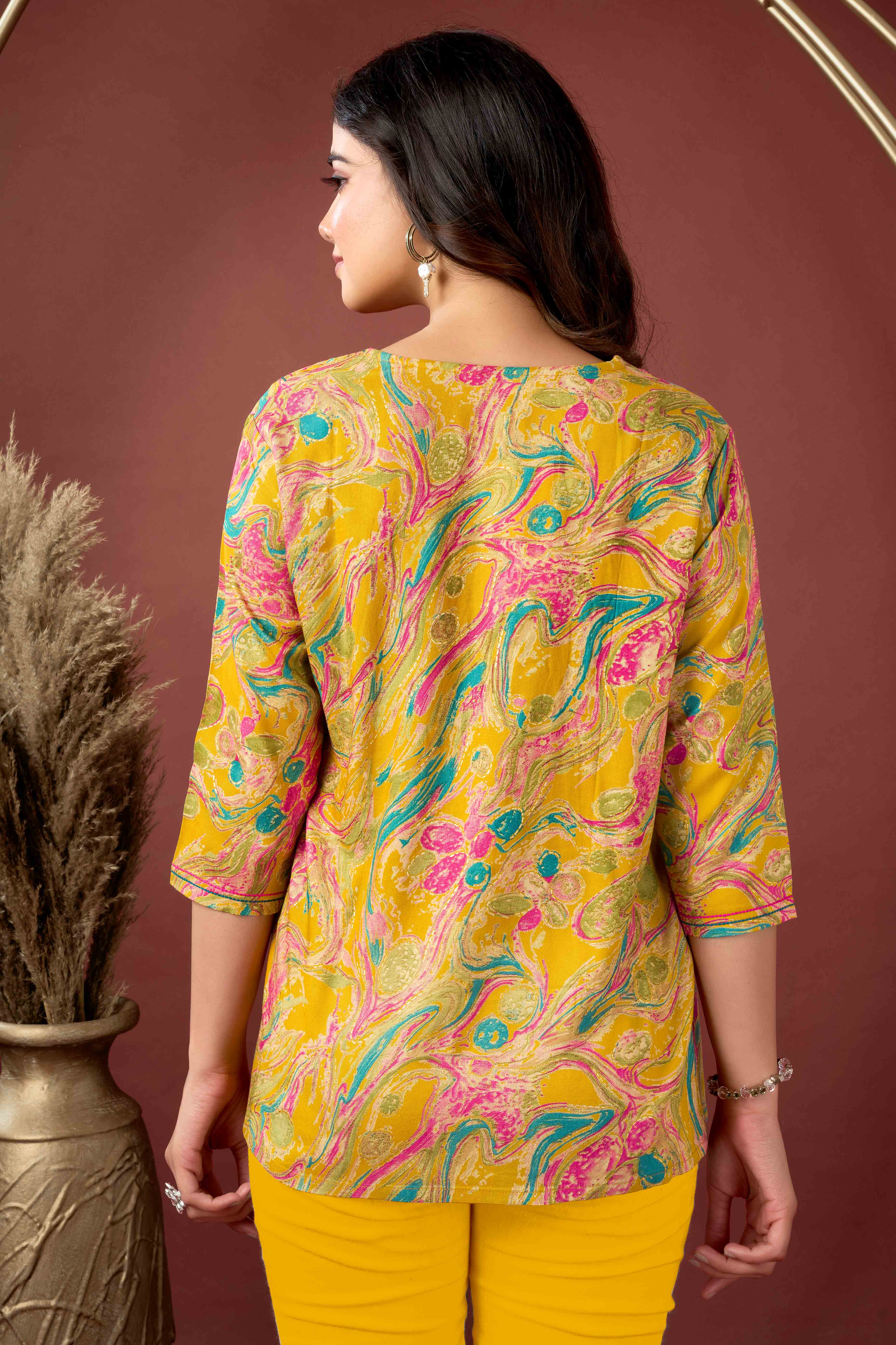Mustard Abstract Printed Rayon Tunic Top