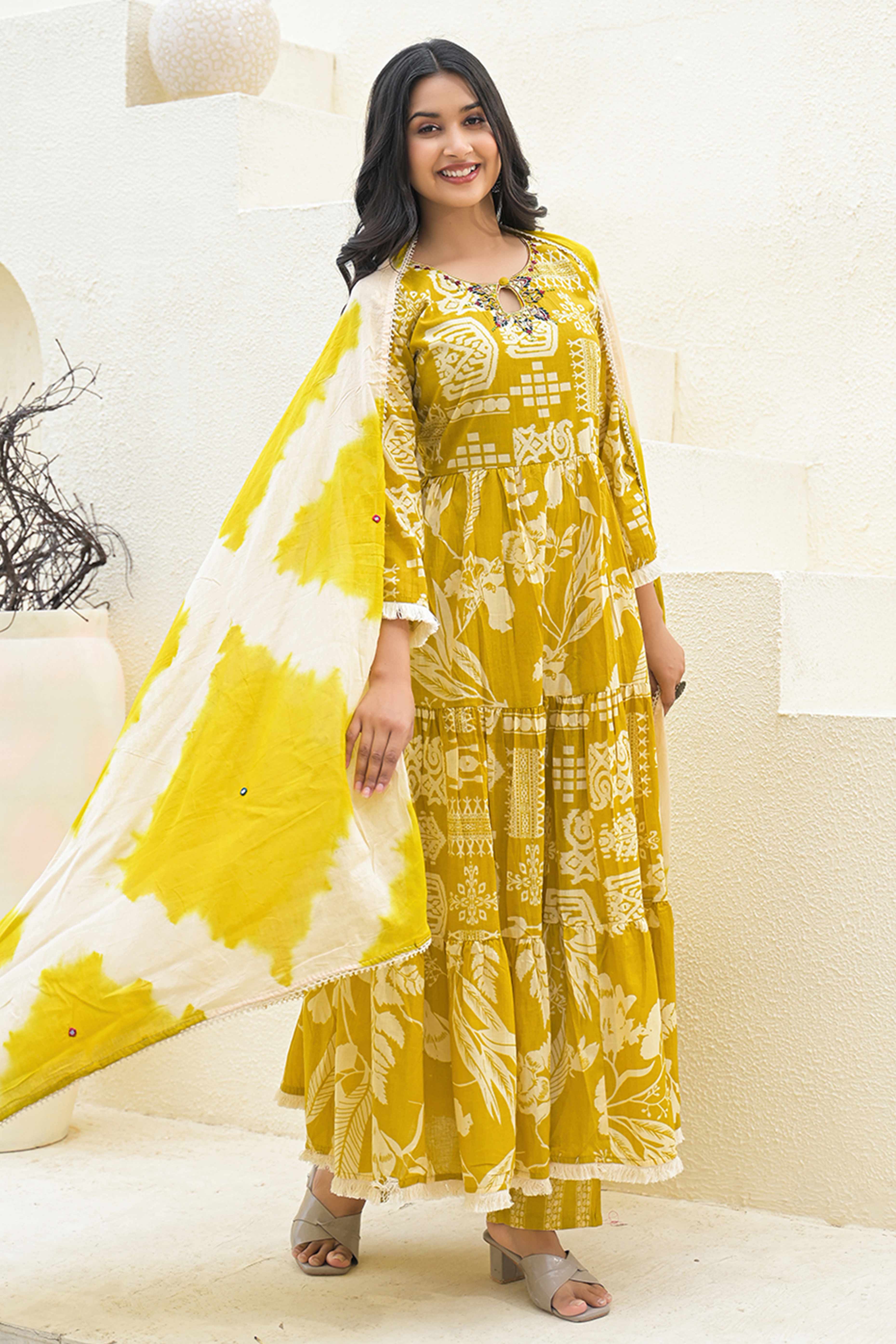 Traditional Printed Mustard Anarkali Salwar Suit with Delicate Embroidery in Cotton Fabric
