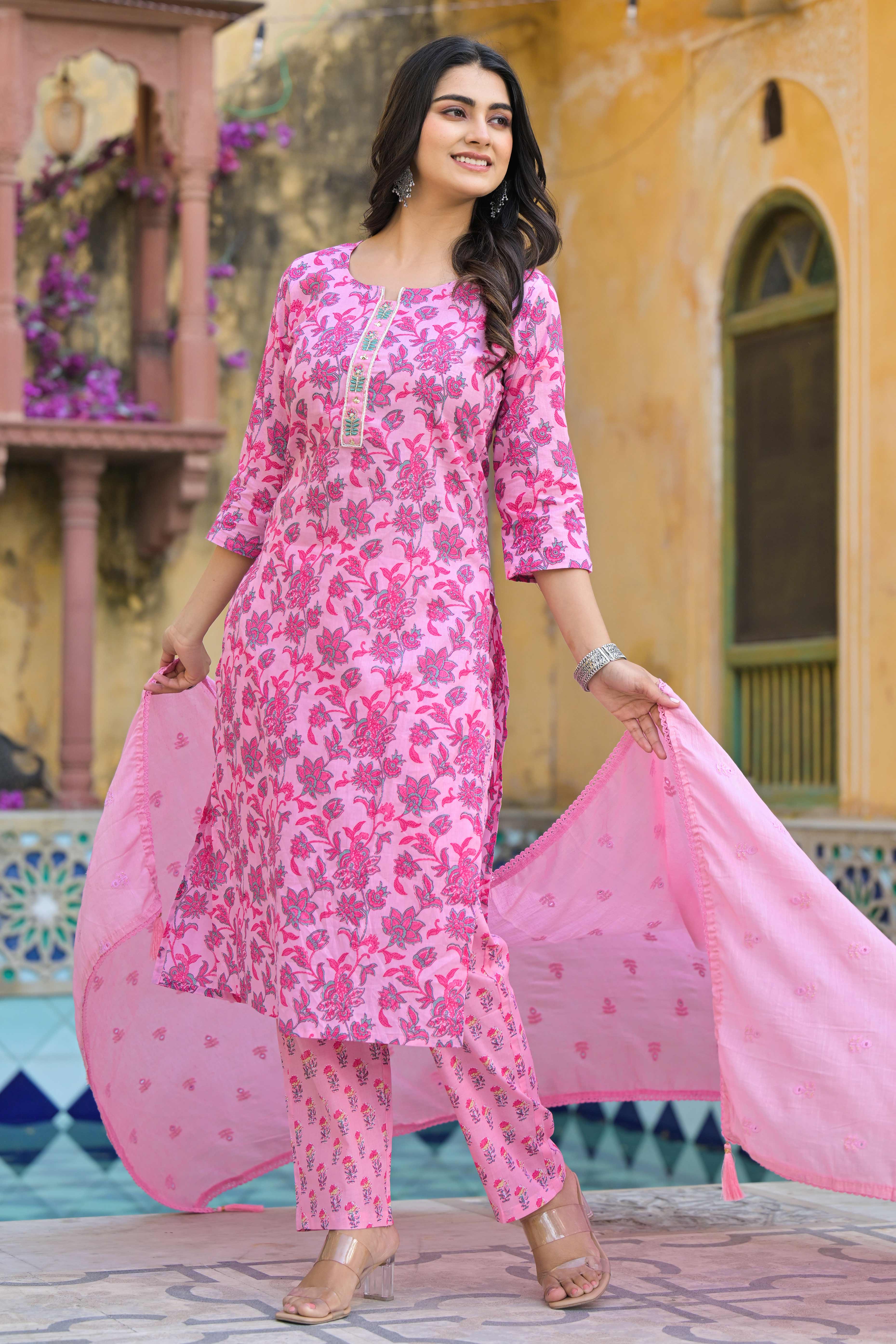 Blush Pink Floral Printed Pure Cotton Straight Salwar Suit
