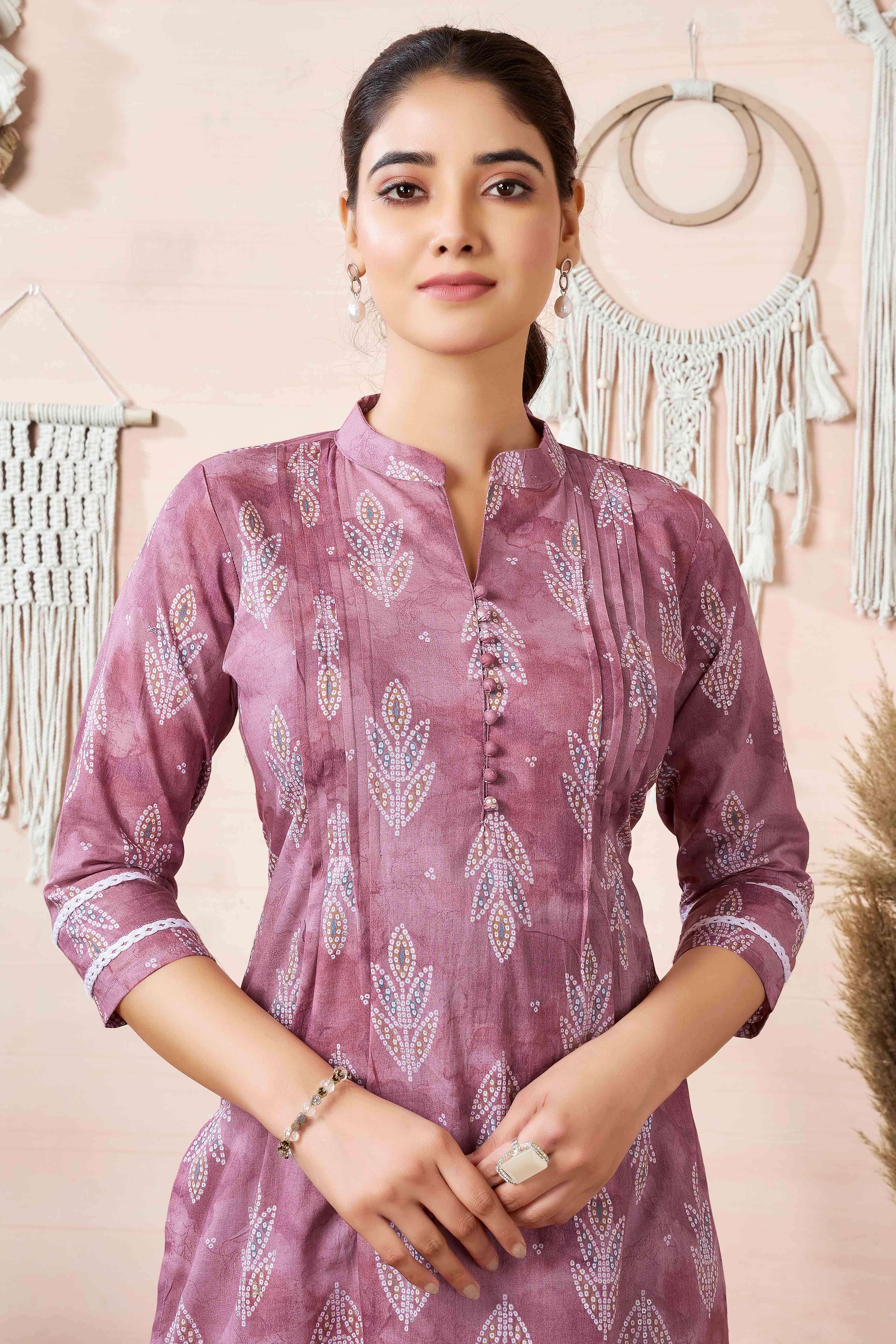 Mauve Floral Foil Printed Cambric Cotton Kurti Palazzo Set
