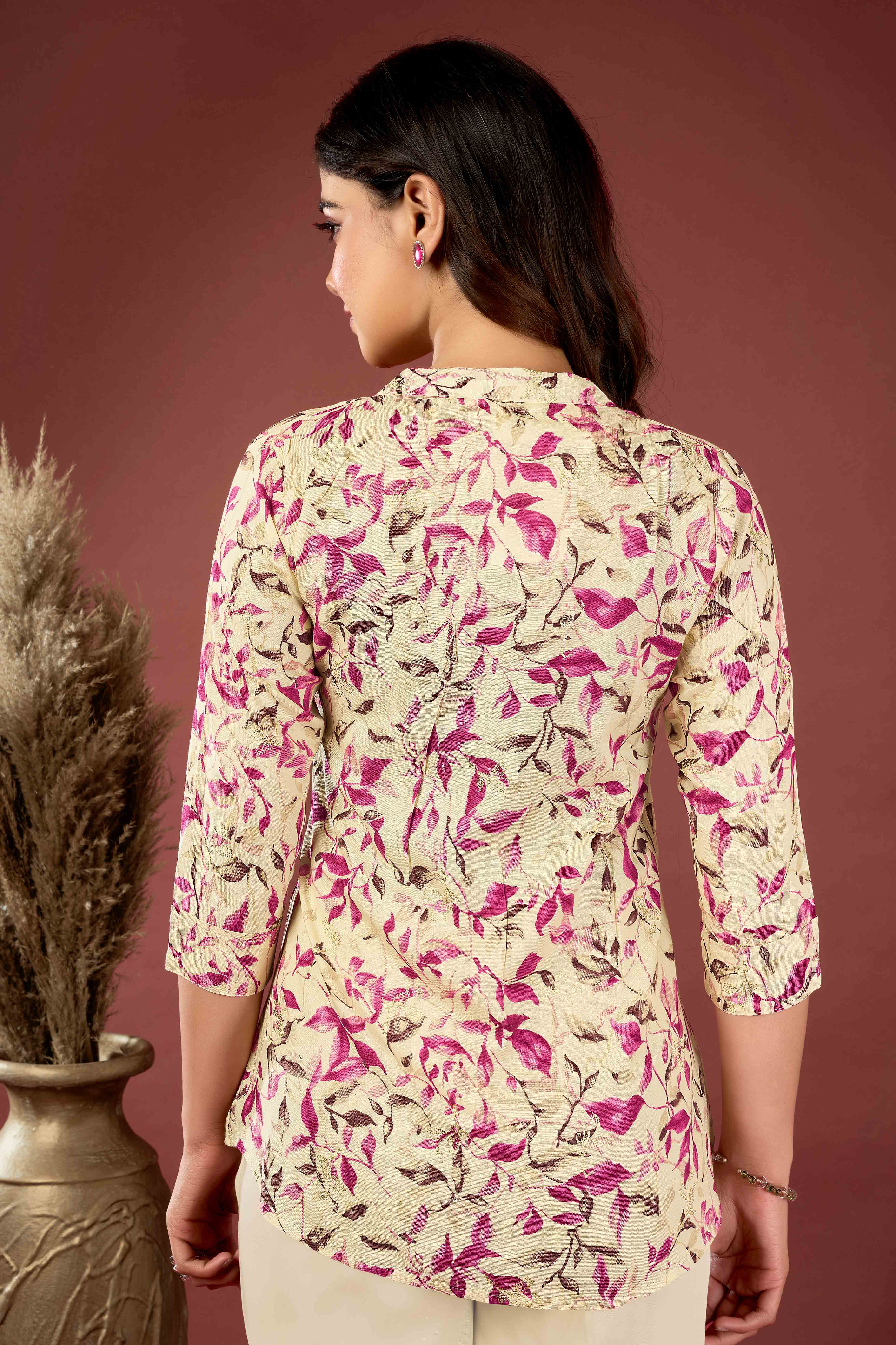 Cream & Wine Floral Printed Rayon Top