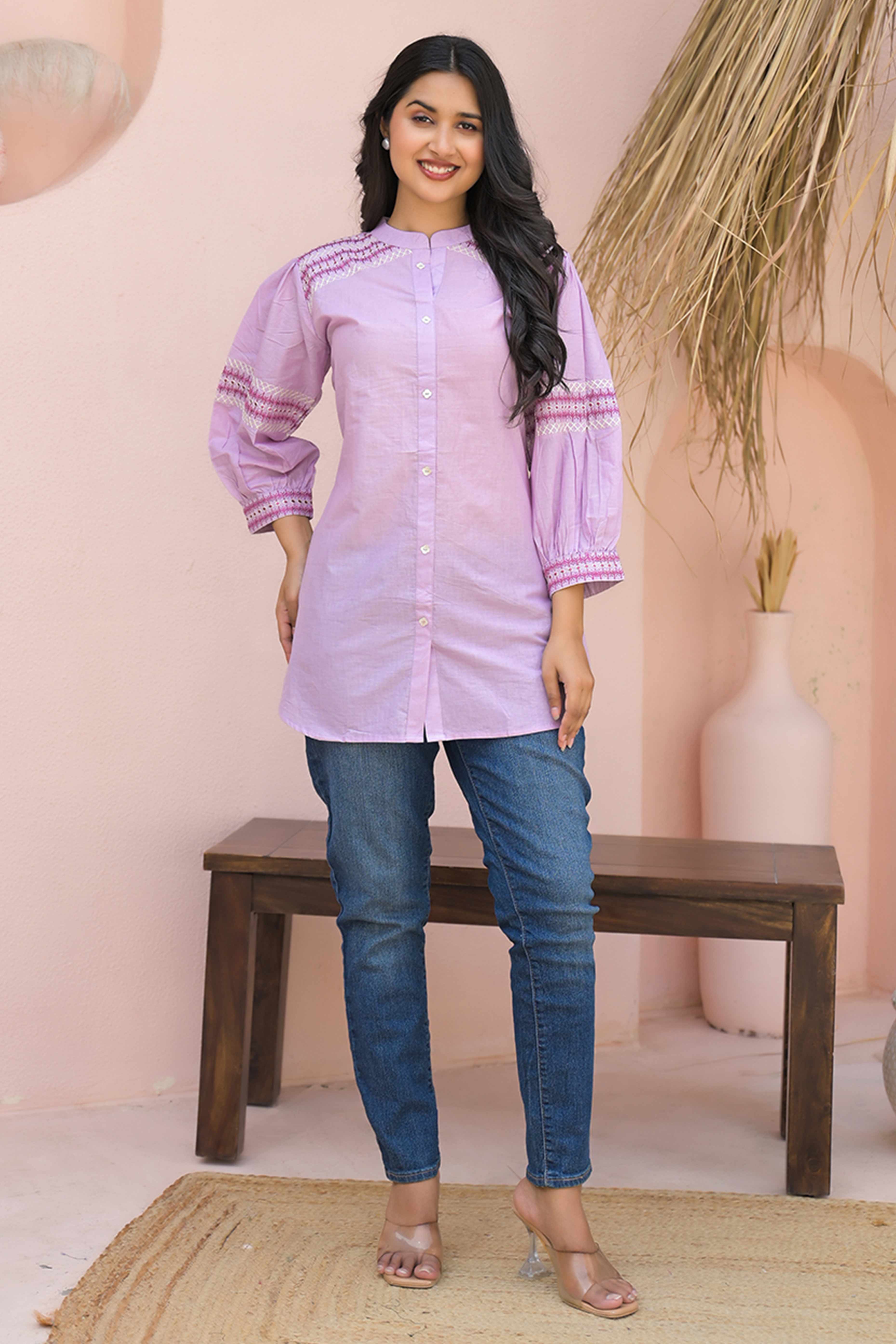 Lavender Straight Top in Cotton with Delicate Embroidered Highlights
