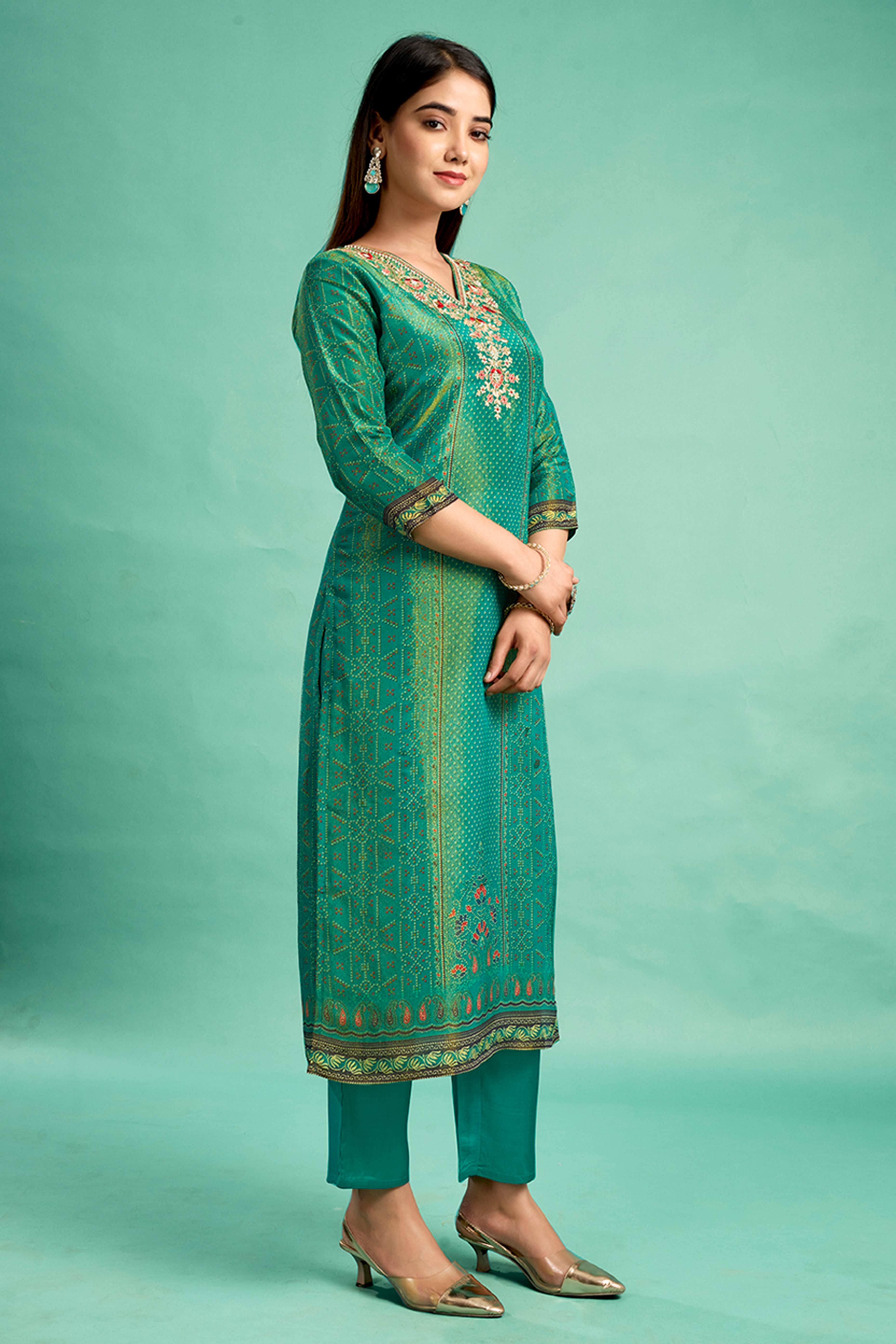 Bottle Green Bandhani Printed With Embroidery Work Pure Viscose Salwar Suit