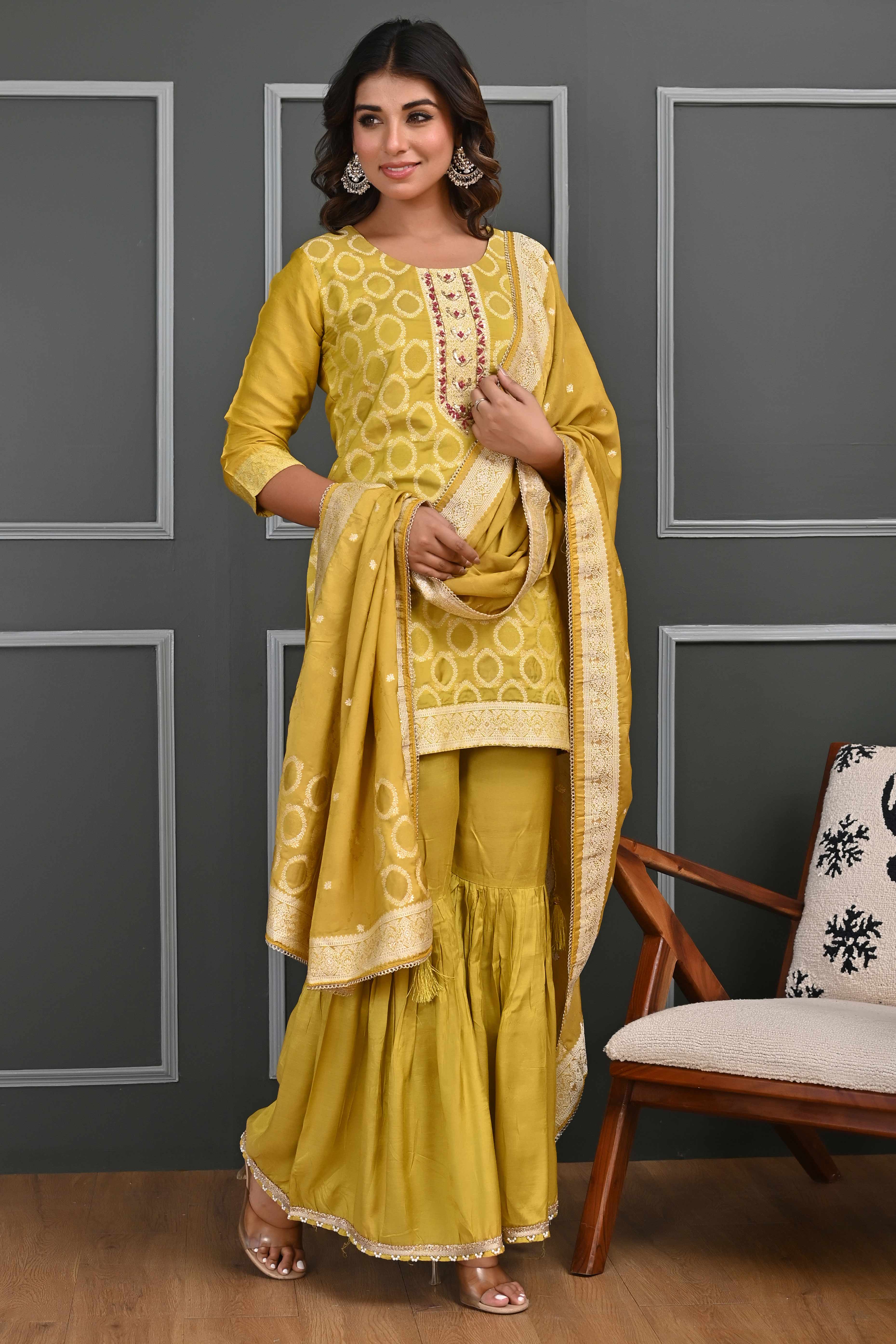 Vibrant Mustard Zari Weaving Cotton Silk Sharara Suit Ensemble