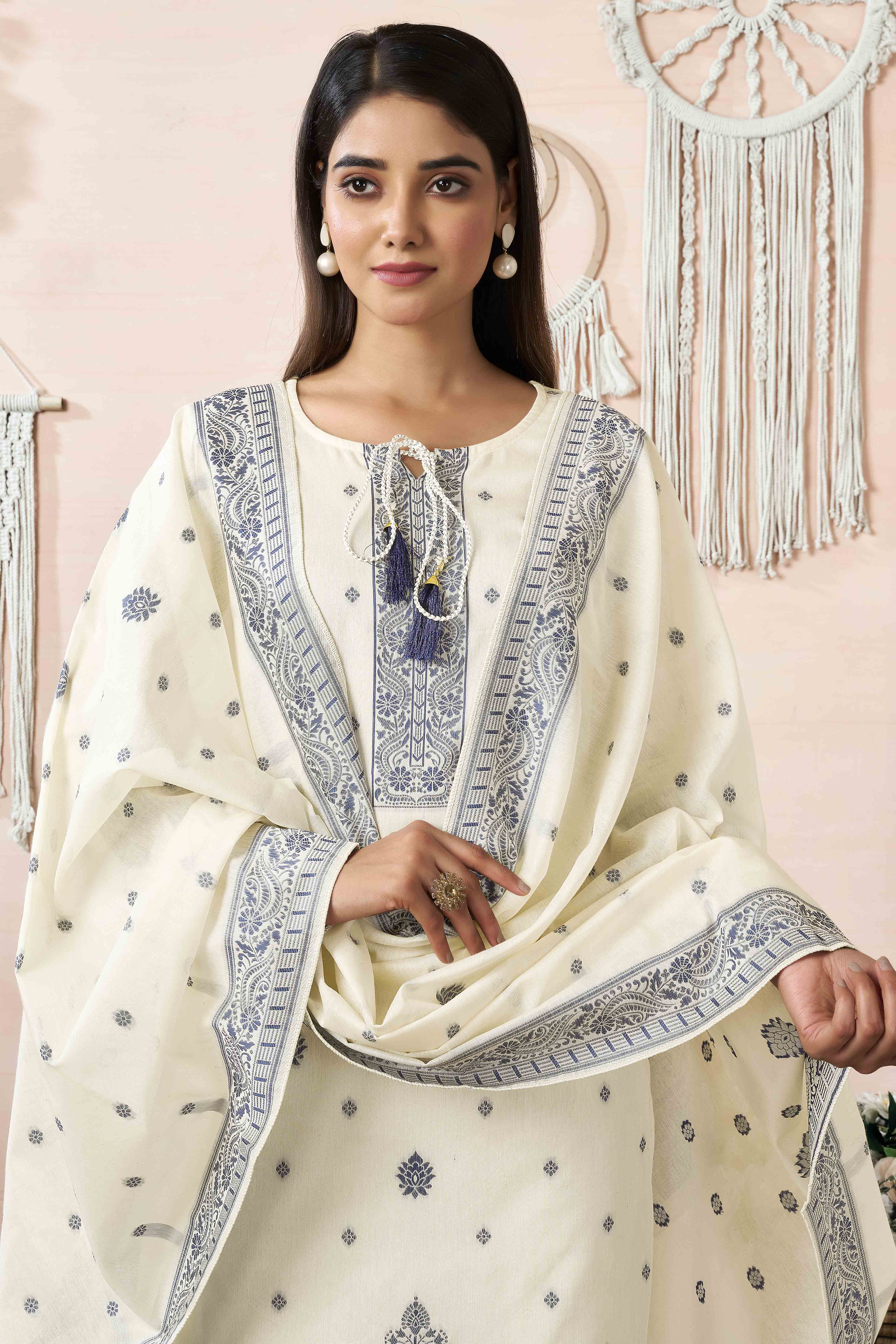 Off White & Blue Jacquard Weaving Pure Cotton StraigHT Salwar Suit