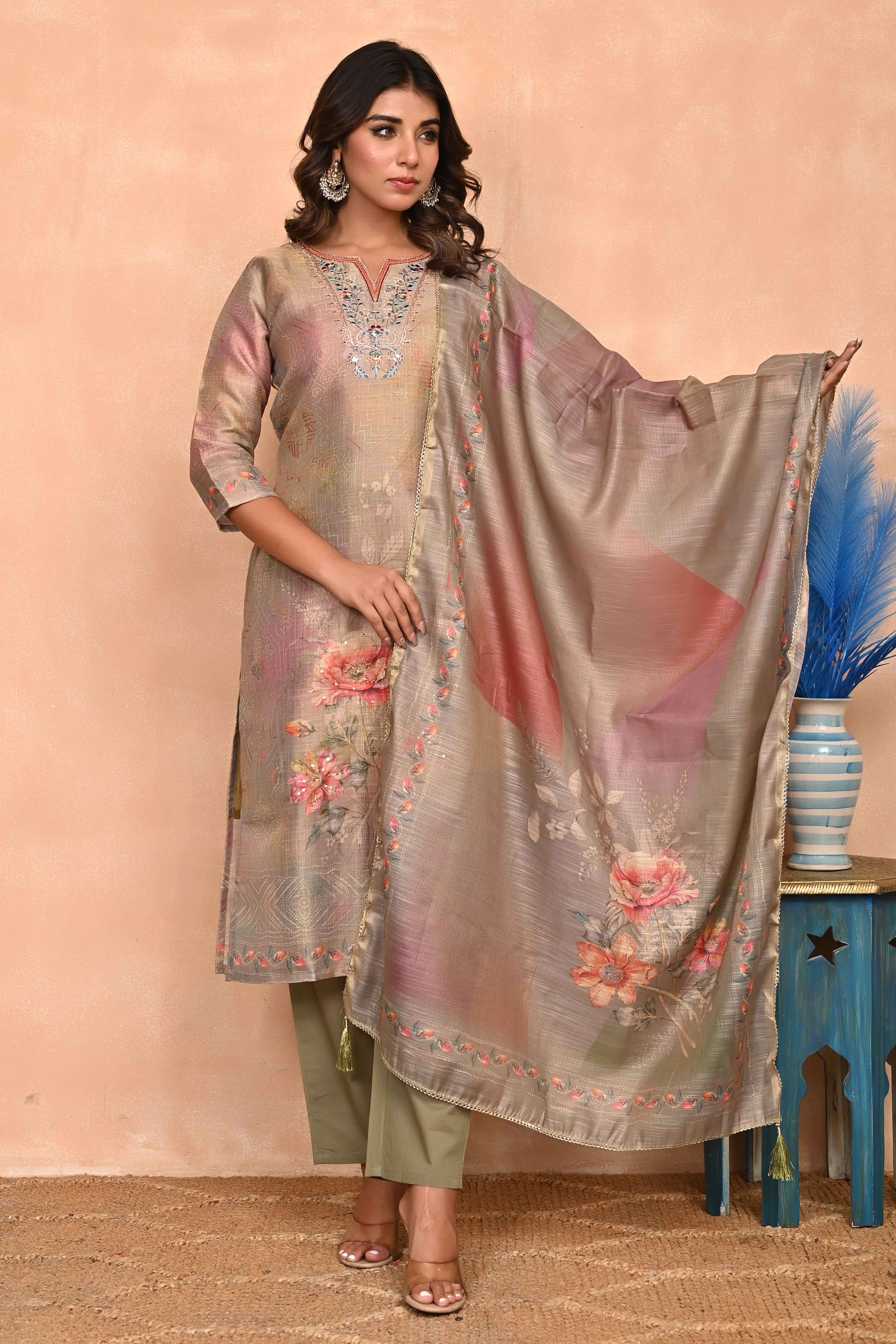 Stylish Olive Straight Cut Suit with Elegant Embroidery on Shimmer Linen
