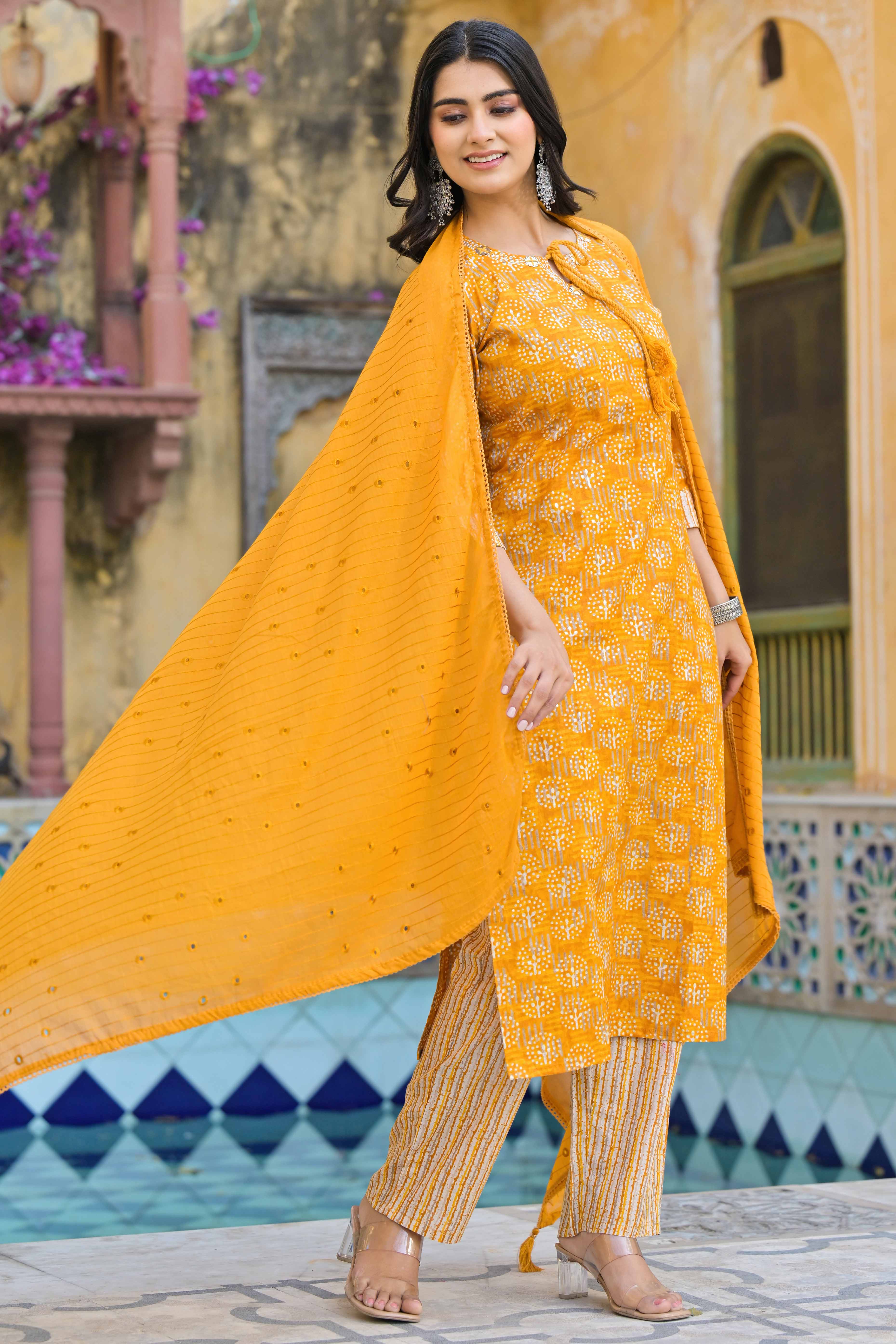 Mustard Floral Printed Pure Cotton Straight Salwar Suit