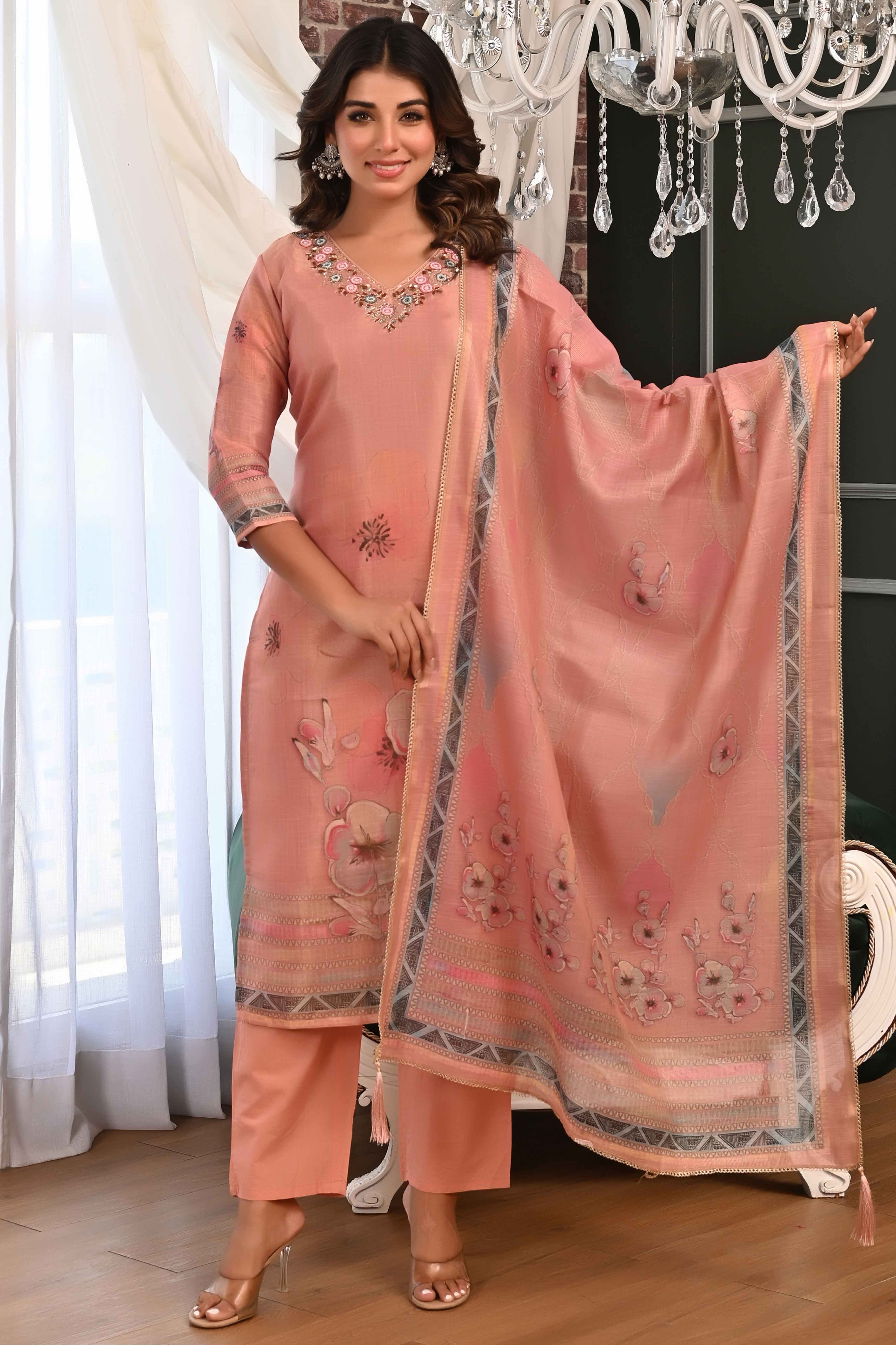 Elegant Dark Peach Linen Jacquard Salwar Suit with Floral Prints & Shimmer