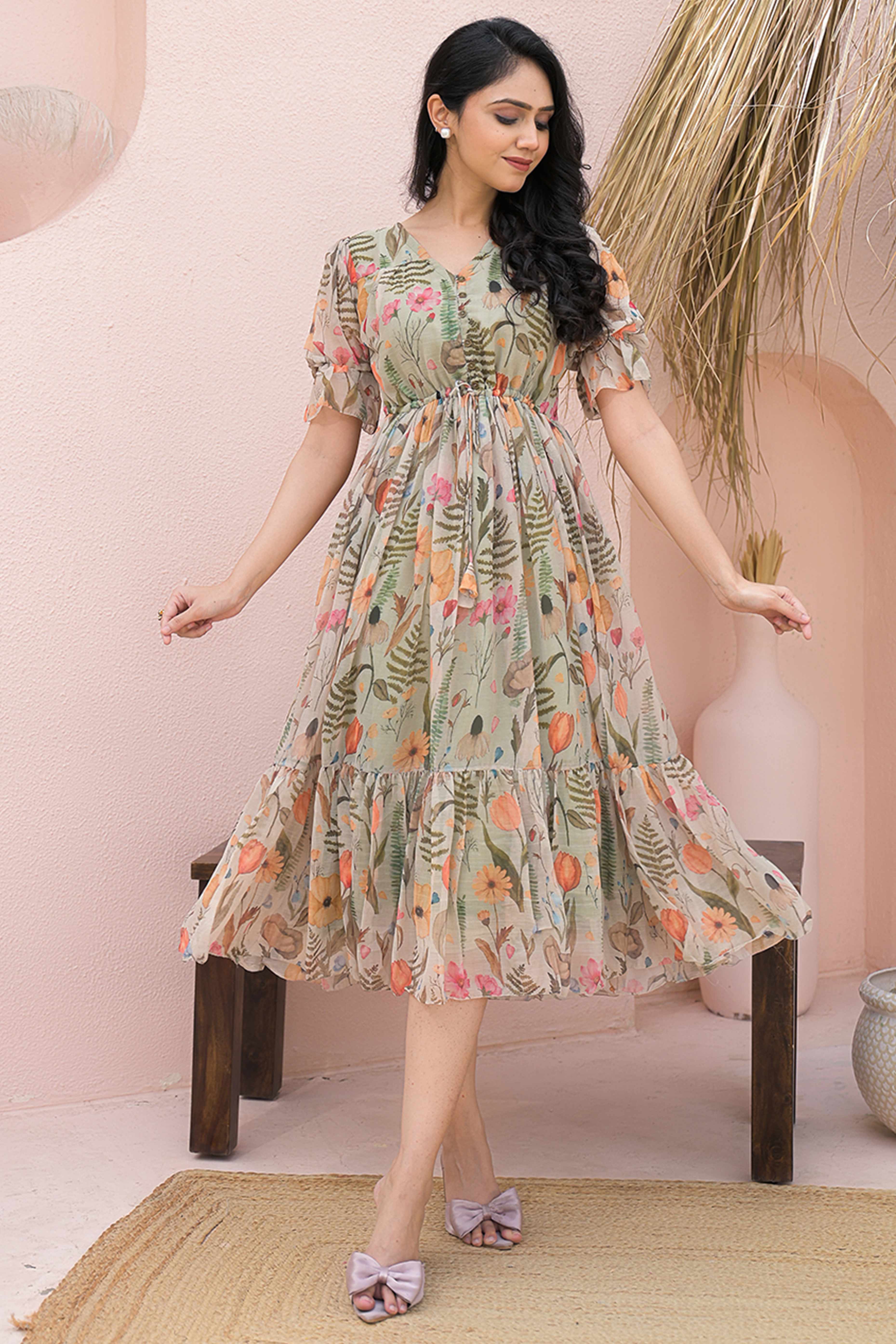 Romantic Pista Green Floral Print Maxi Dress in Sheer Chiffon