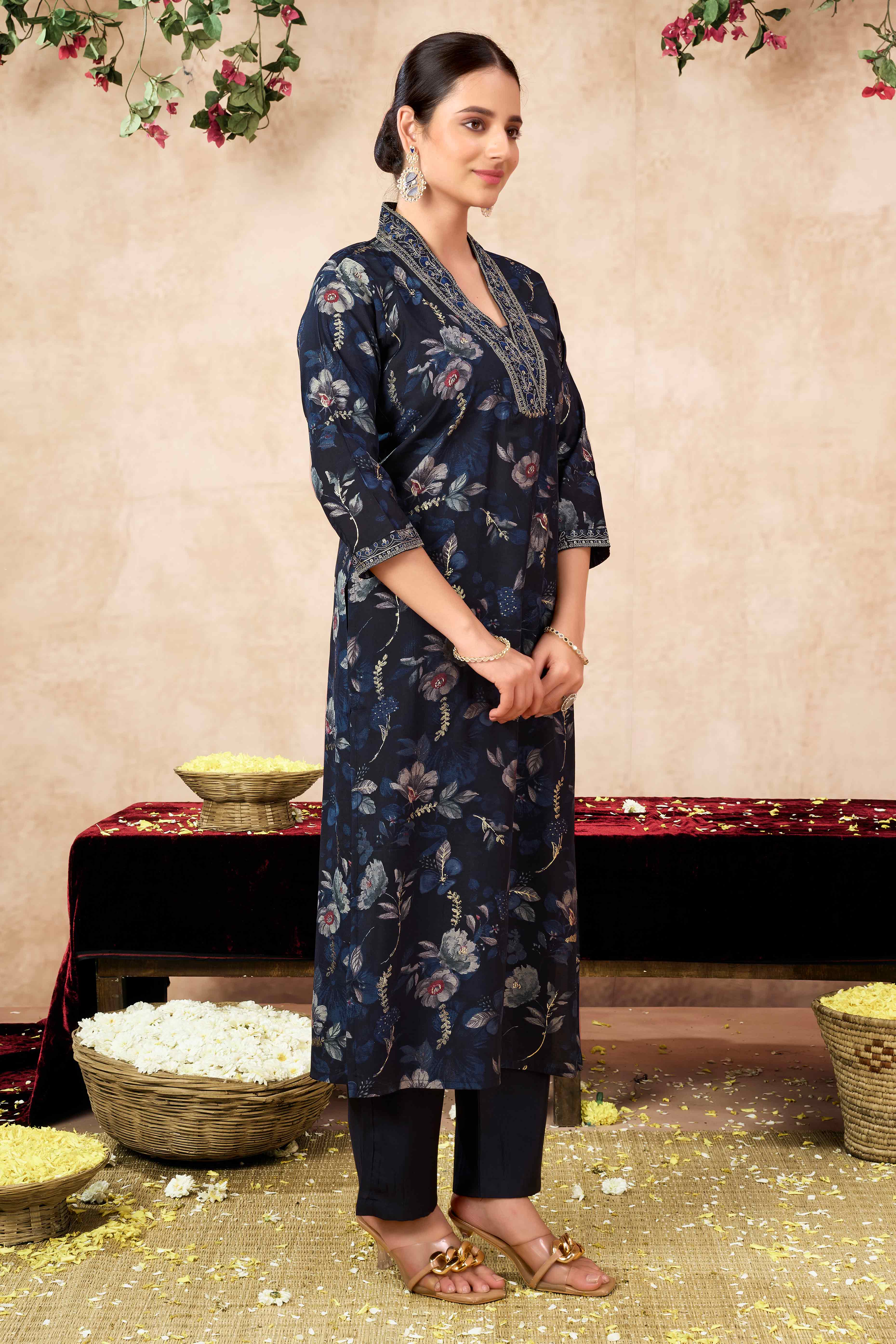 Black Floral Printed Cotton Silk Straight Salwar Suit