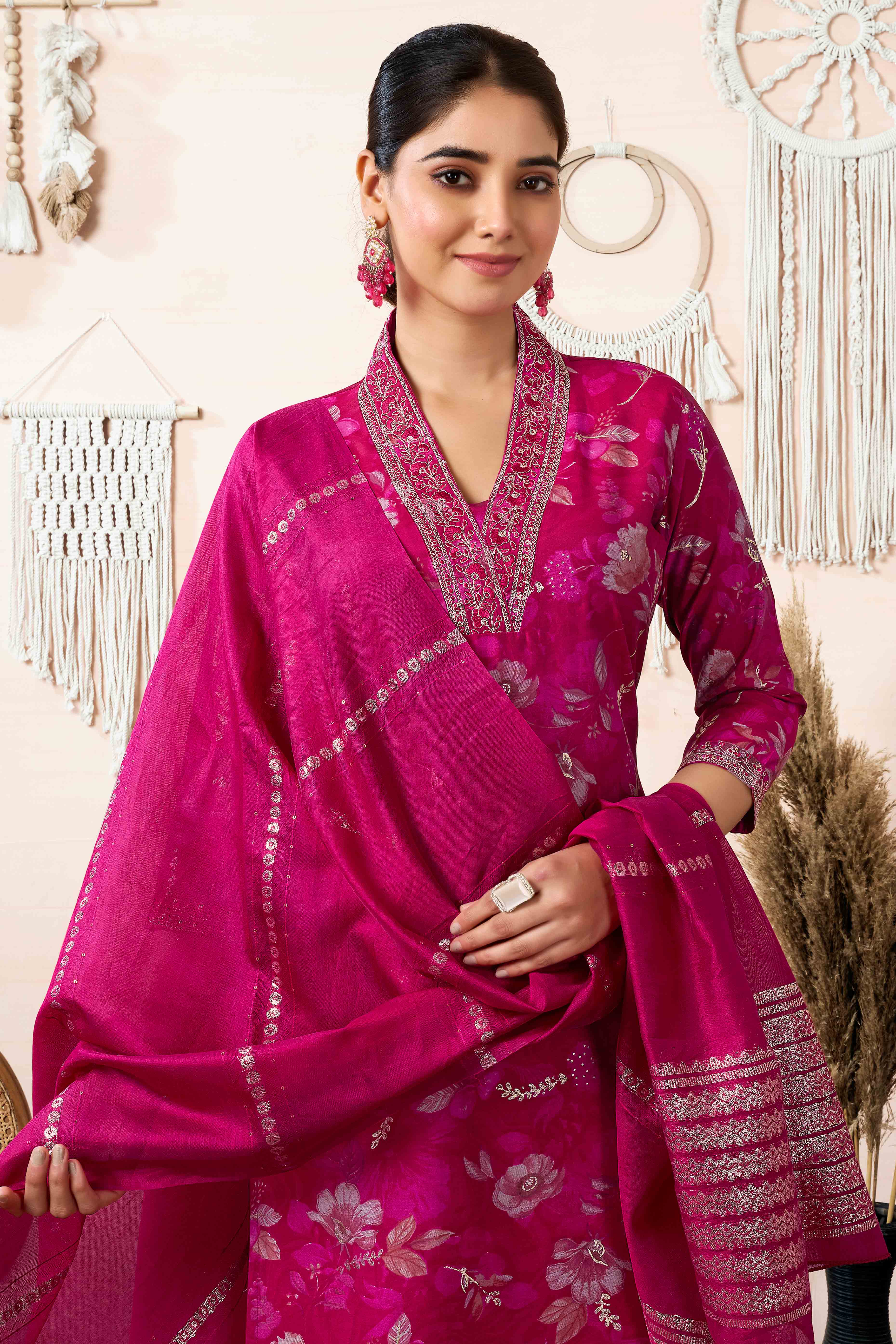 Pink Floral Foil Printed Cotton Silk Straight Salwar Suit