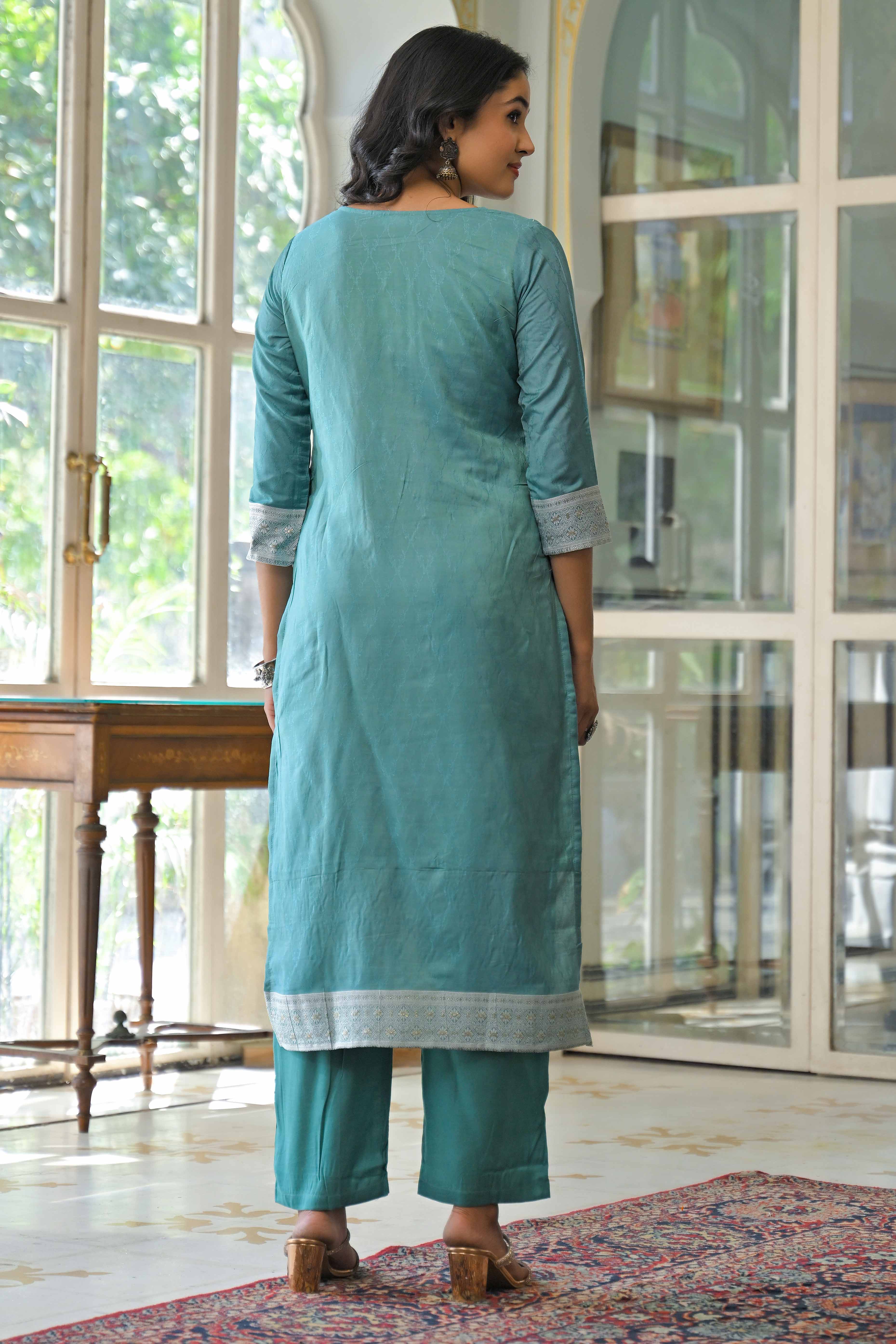 Dark Turquoise Woven With Handwork Jacquard Straight Salwar Suit