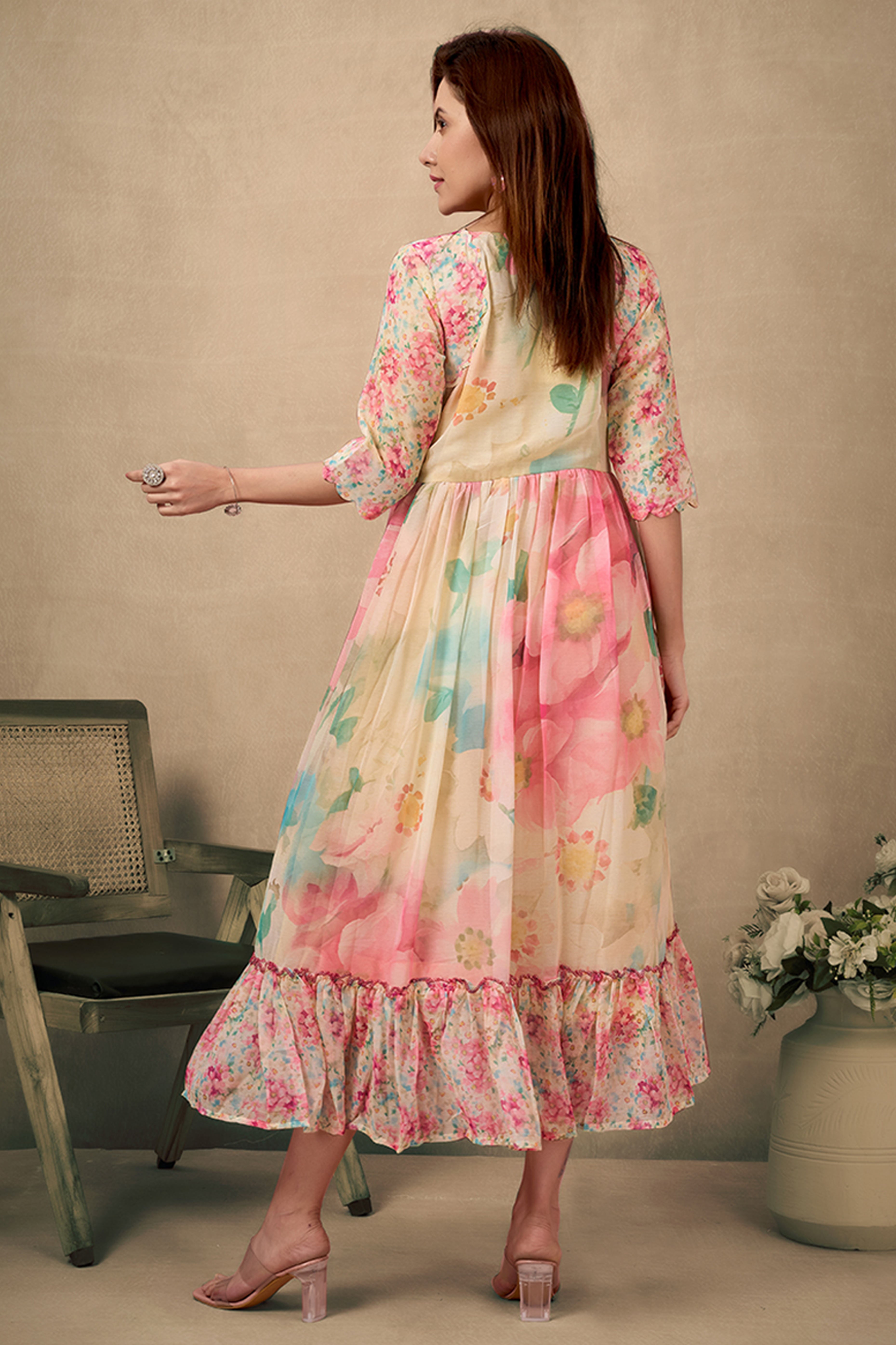 Multicolor Chiffon Maxi with Artistic Floral Prints and Handcrafted Embroidery