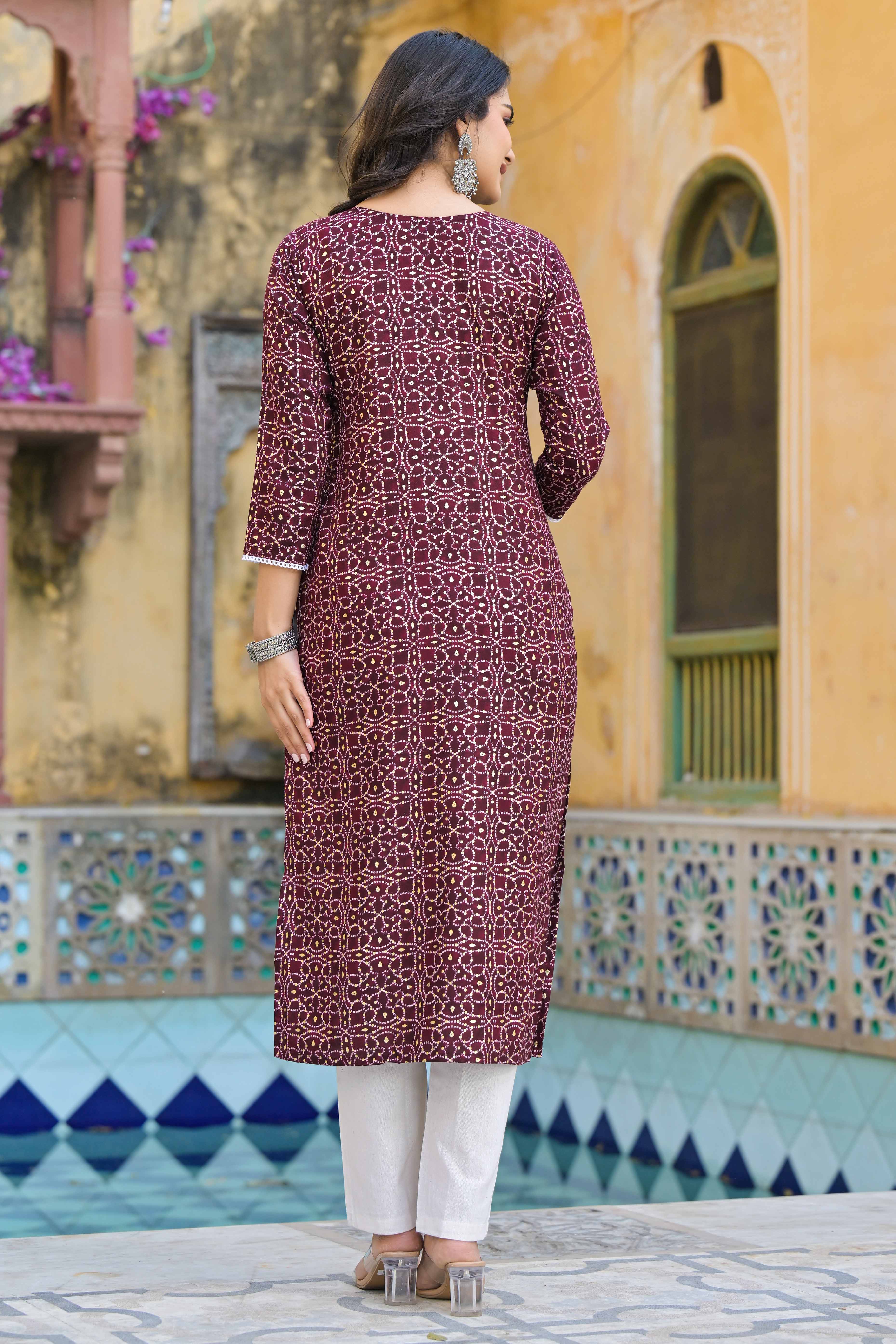 Maroon Bandhani With Embroidered Rayon Straight Kurti