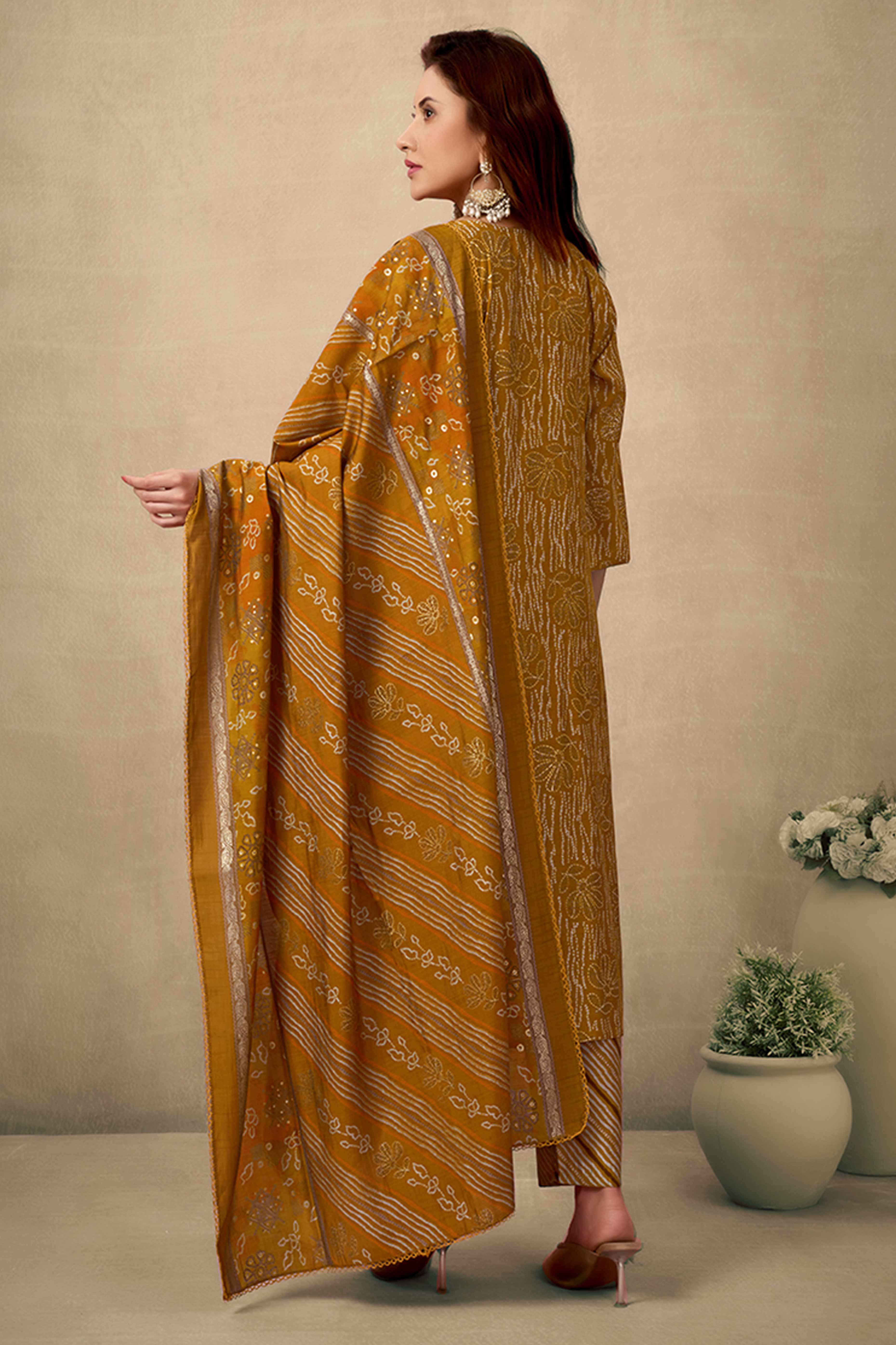 Mustard Bandhani Chanderi Silk Salwar Suit With Embroidered Neckline
