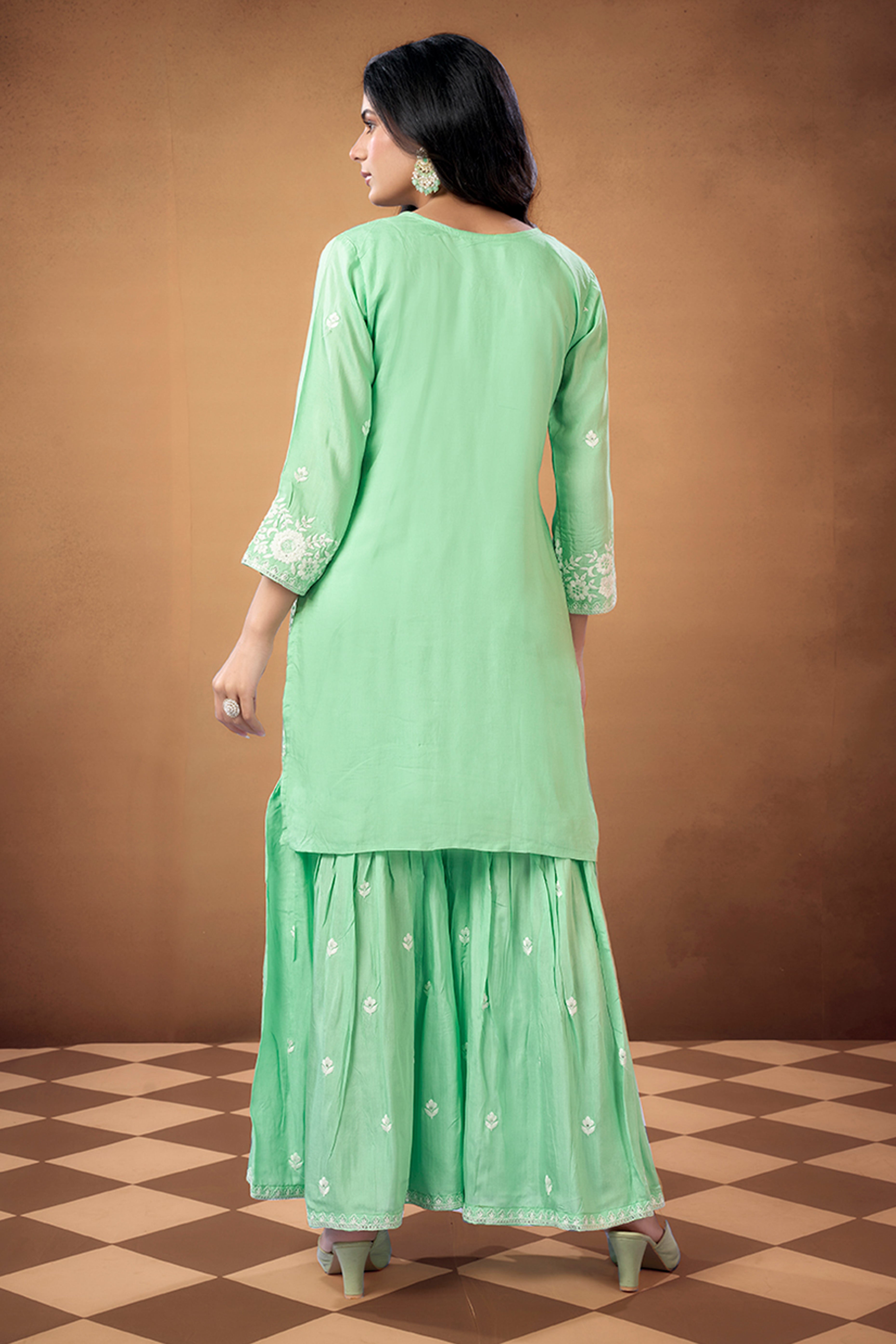 Sea Green Floral Embroidered Muslin Straigth Sharara Suit