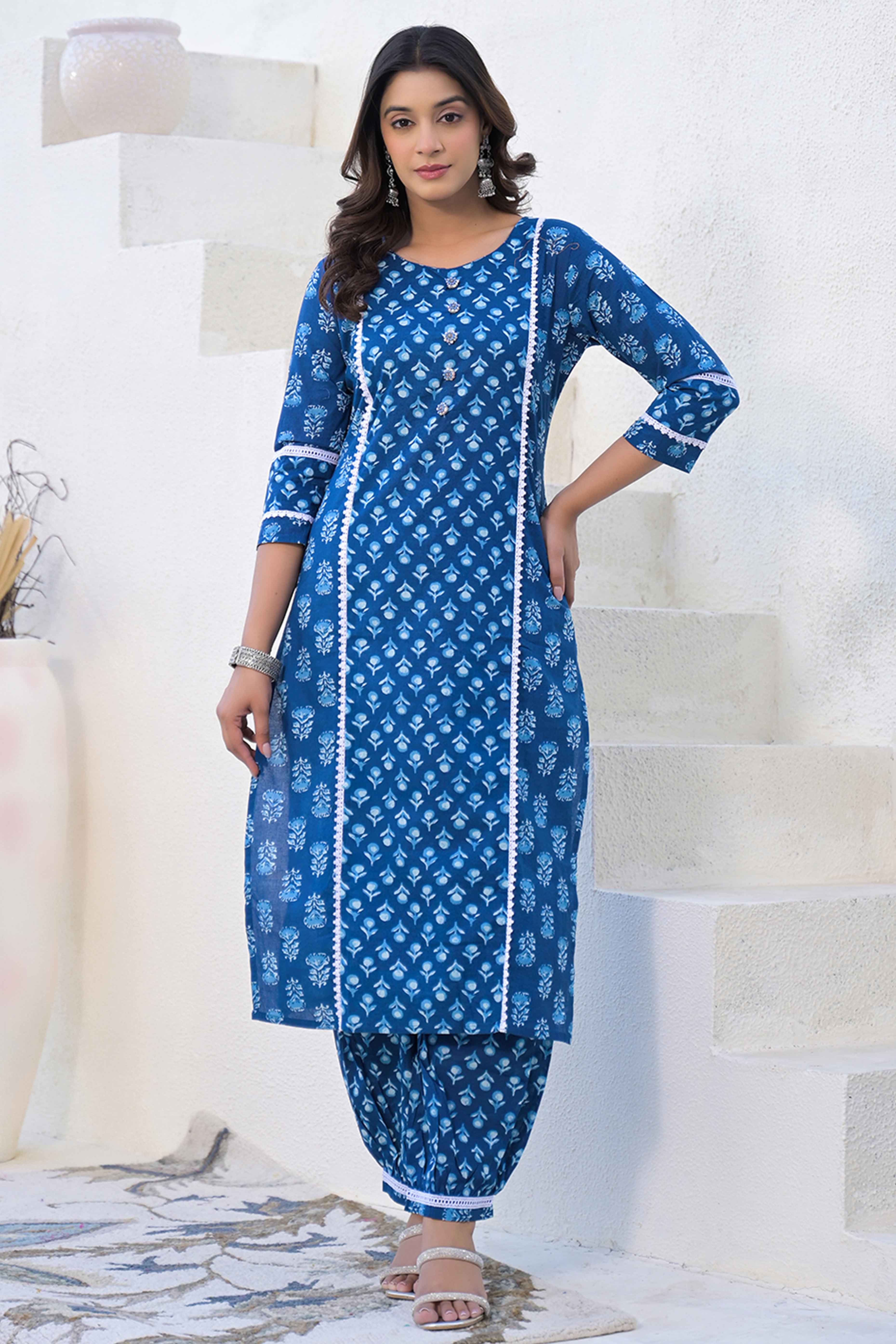 Navy Blue Floral Printed Cotton Suit With Straight Cut Design