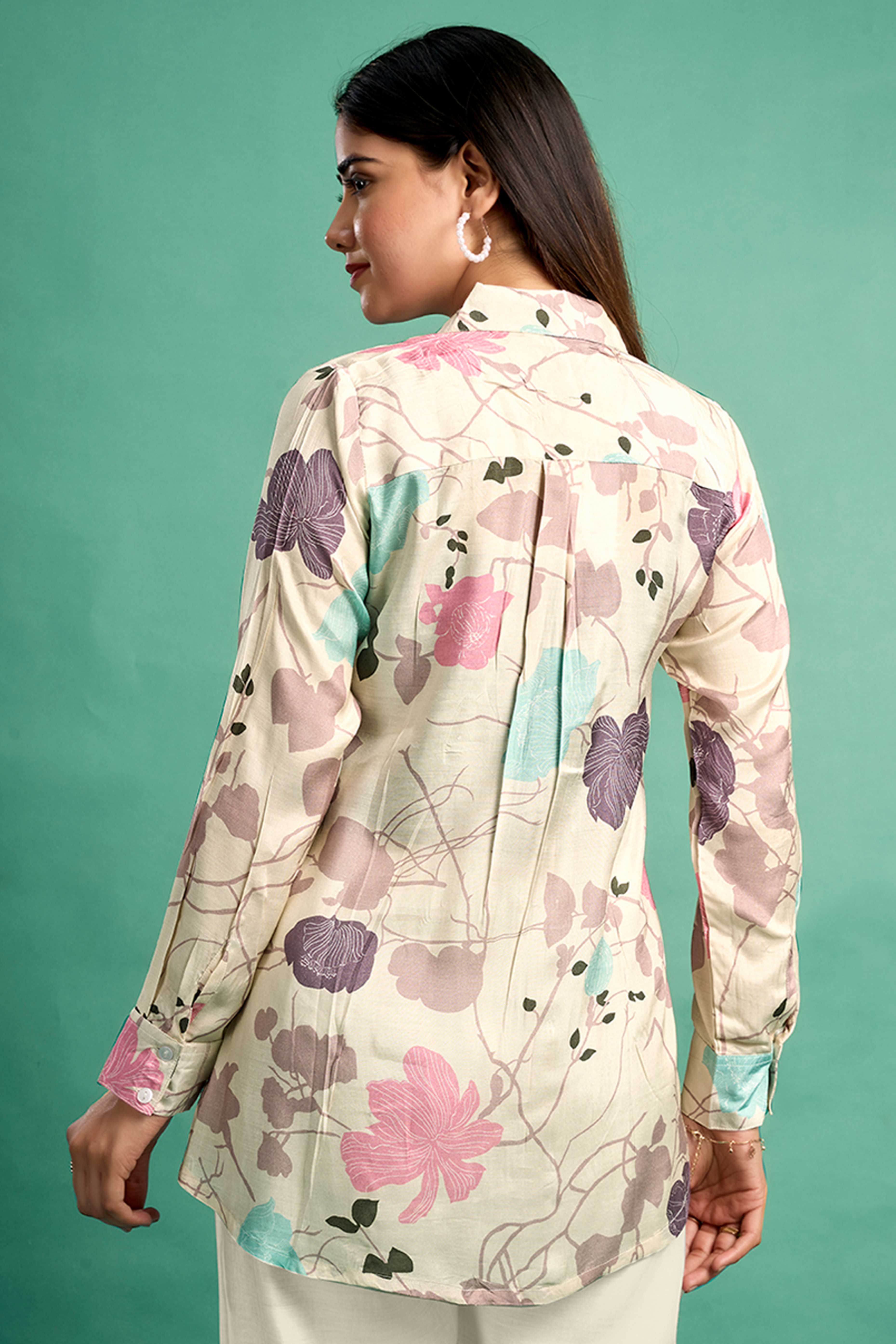 Cream Floral Printed Muslin Straight Top