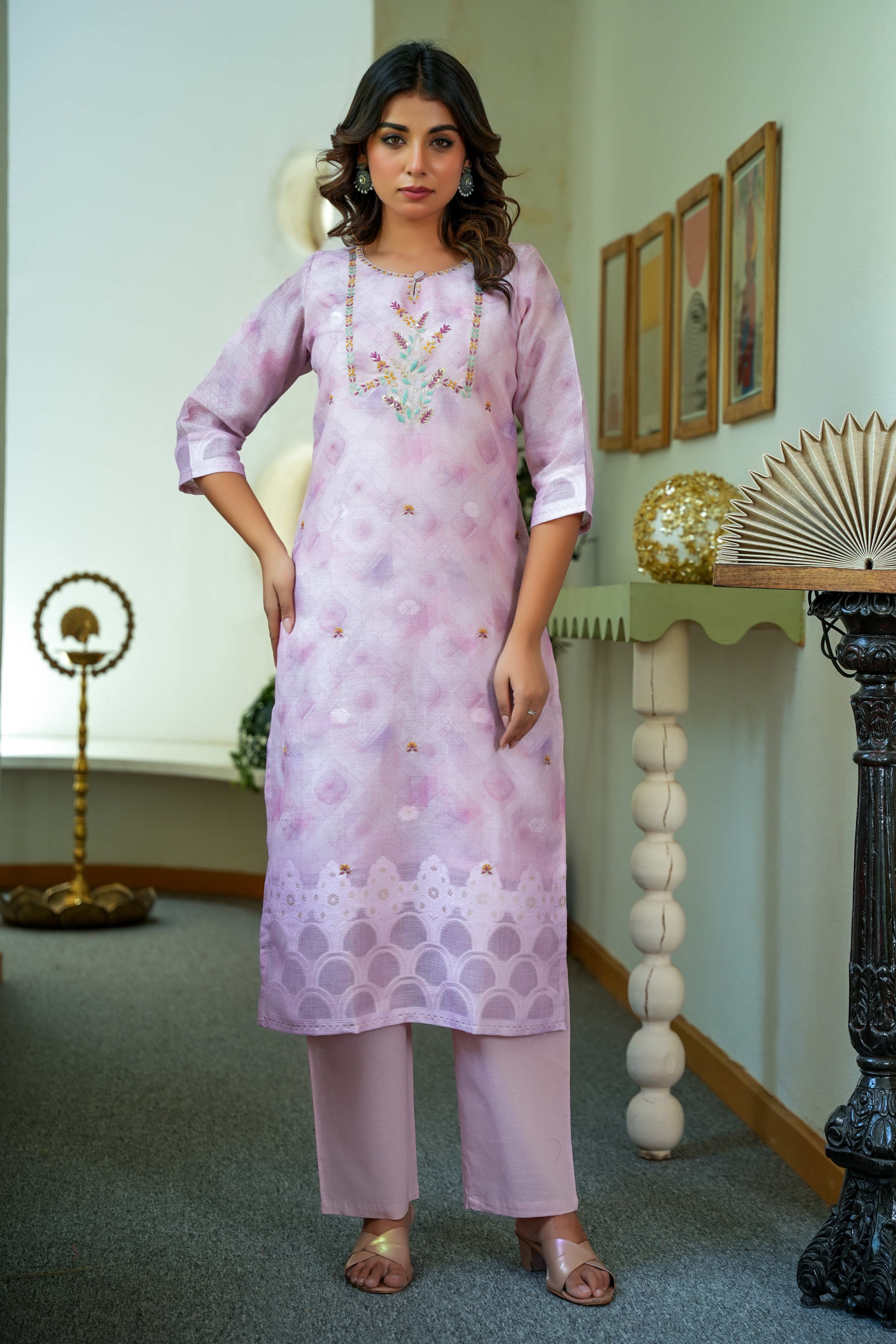 Sophisticated Onion Pink Linen Jacquard Suit Adorned with Floral Embroidered Patterns