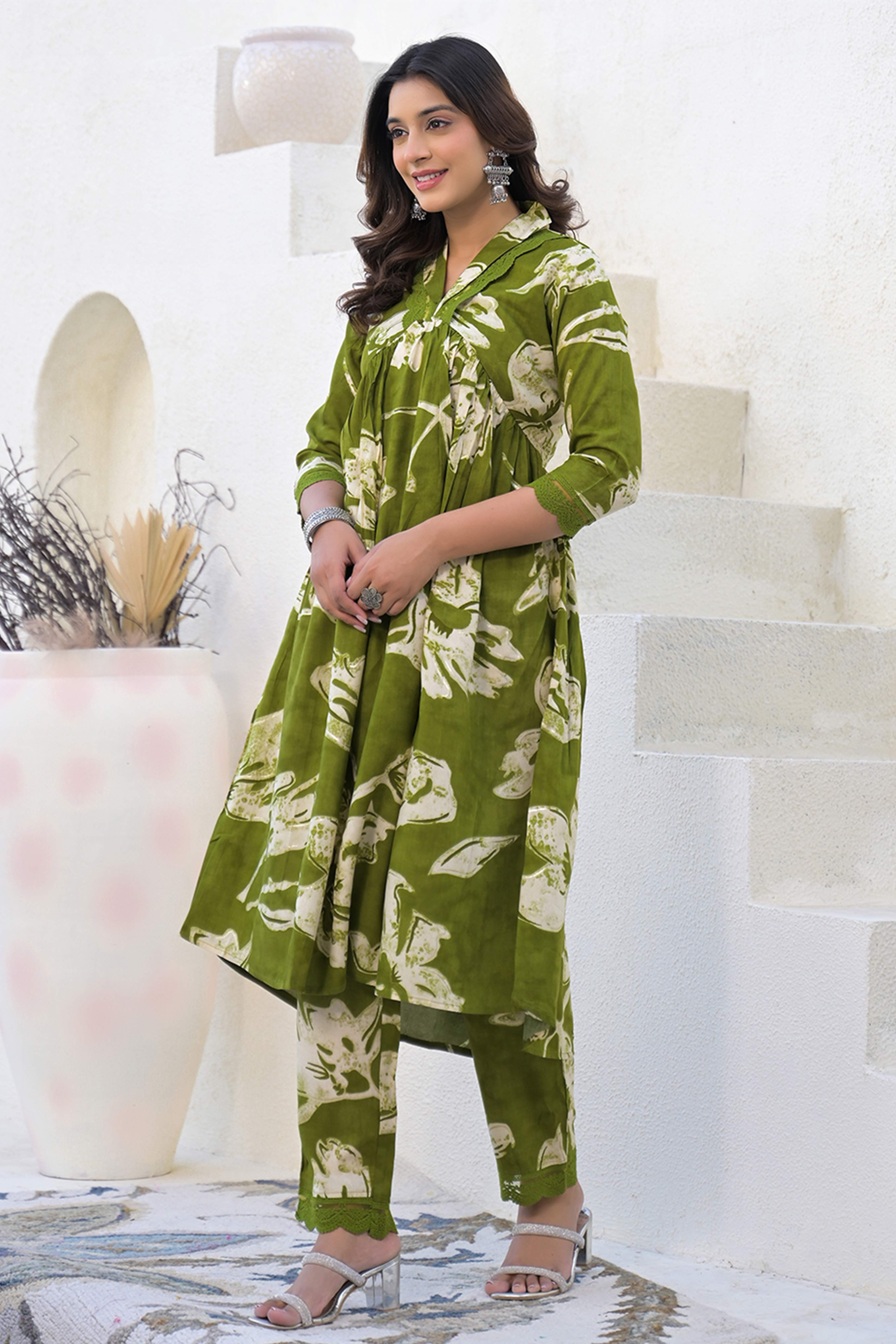 Flourishing Print Green Rayon A-Line Co-Ord Set