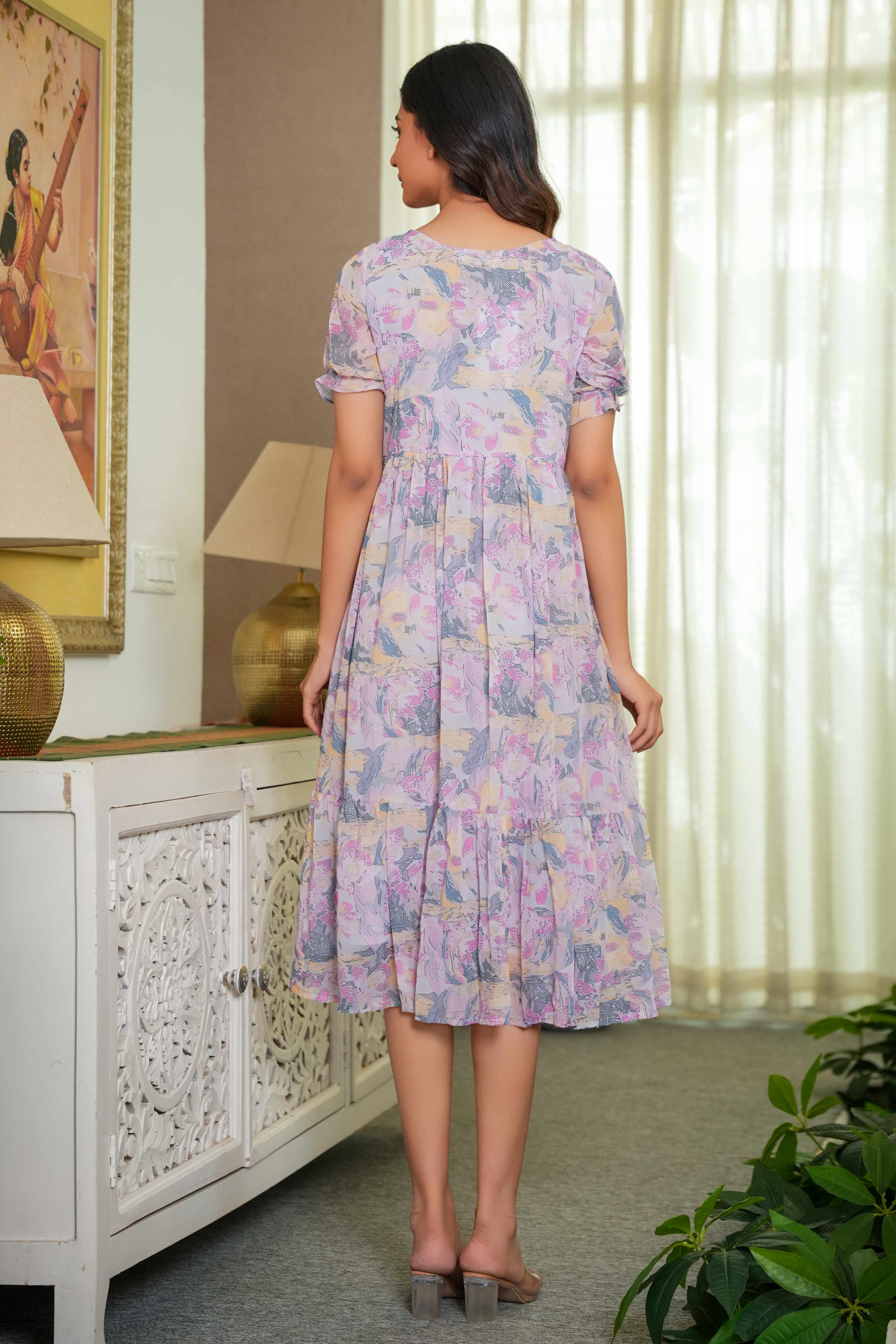 Floaty Lavender Floral Print Maxi Dress in Chiffon