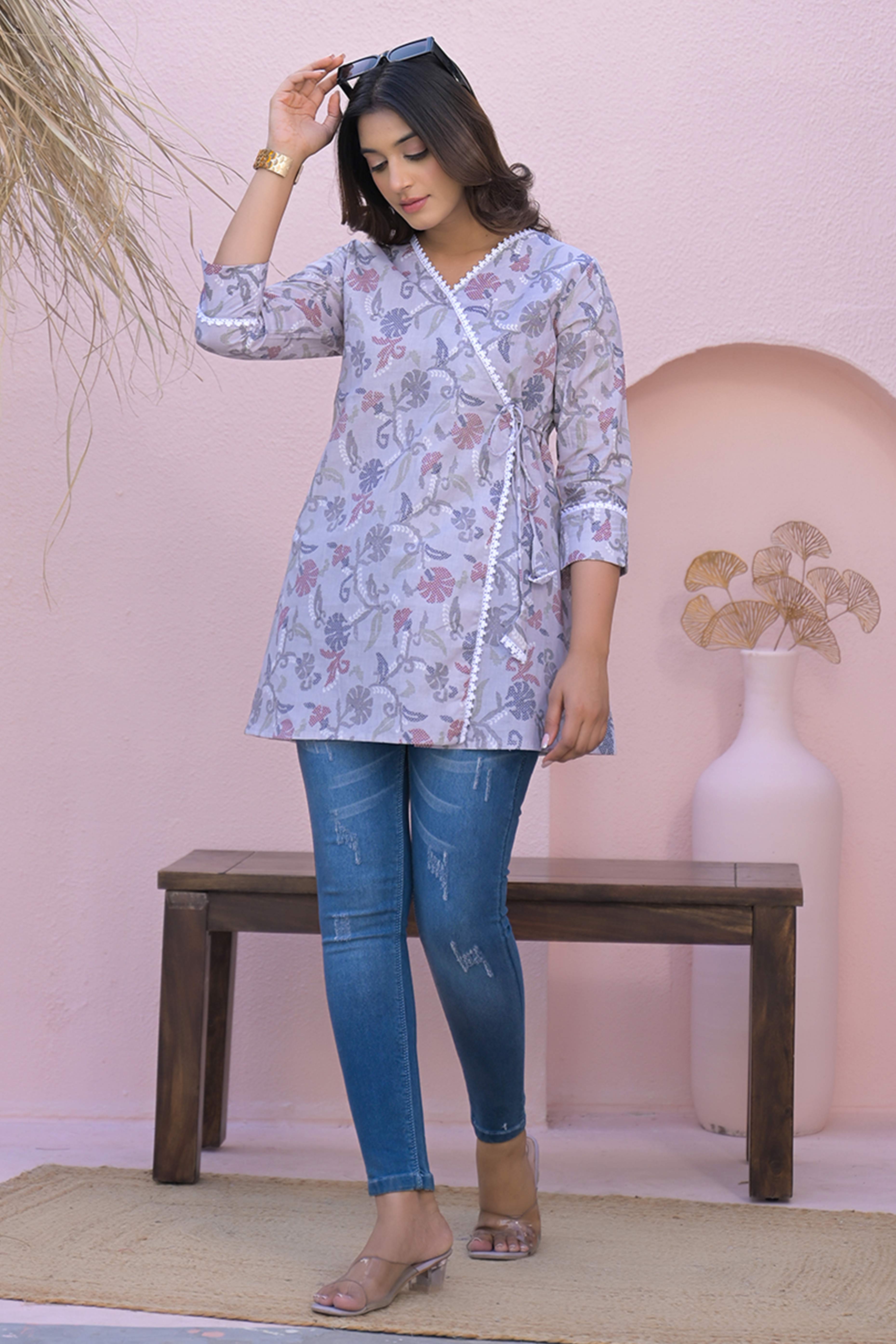 Floral Print Grey Angrakha Style Pure Cotton Top