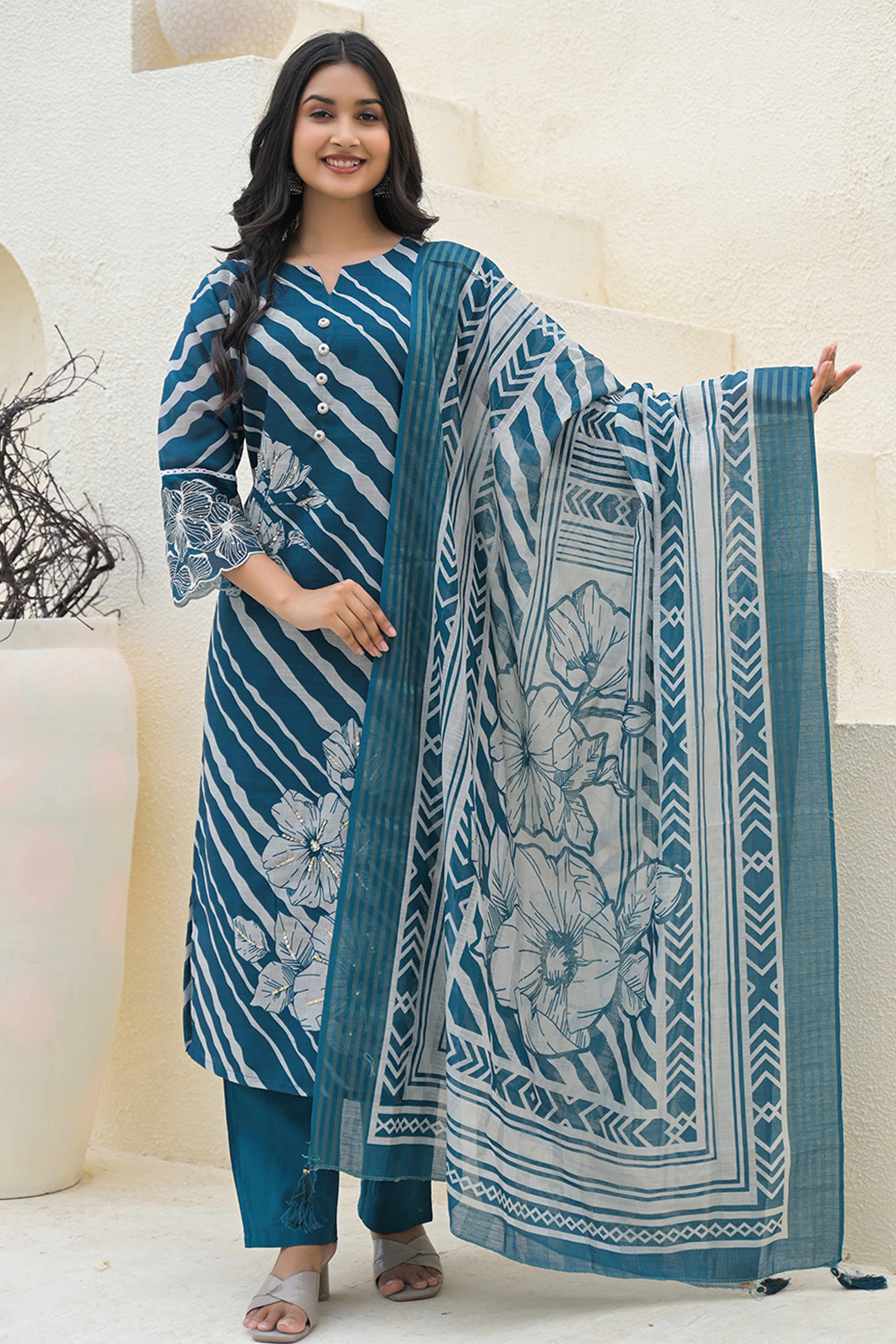 Modern Teal Linen Suit with Artistic Floral Print and Stone Accents