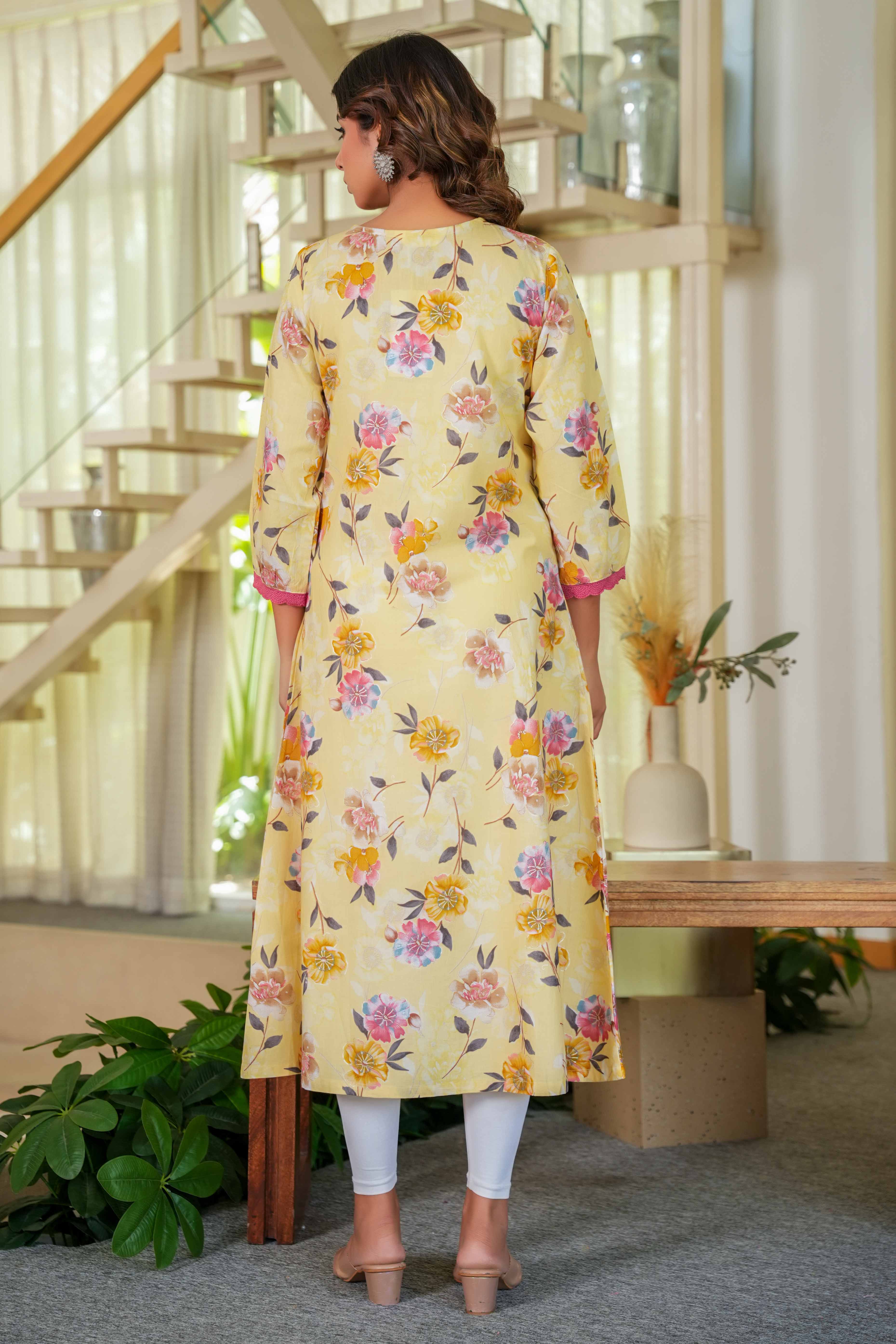 Pure Cotton Yellow Kurti with Feminine Floral Prints and Straight Cut Design