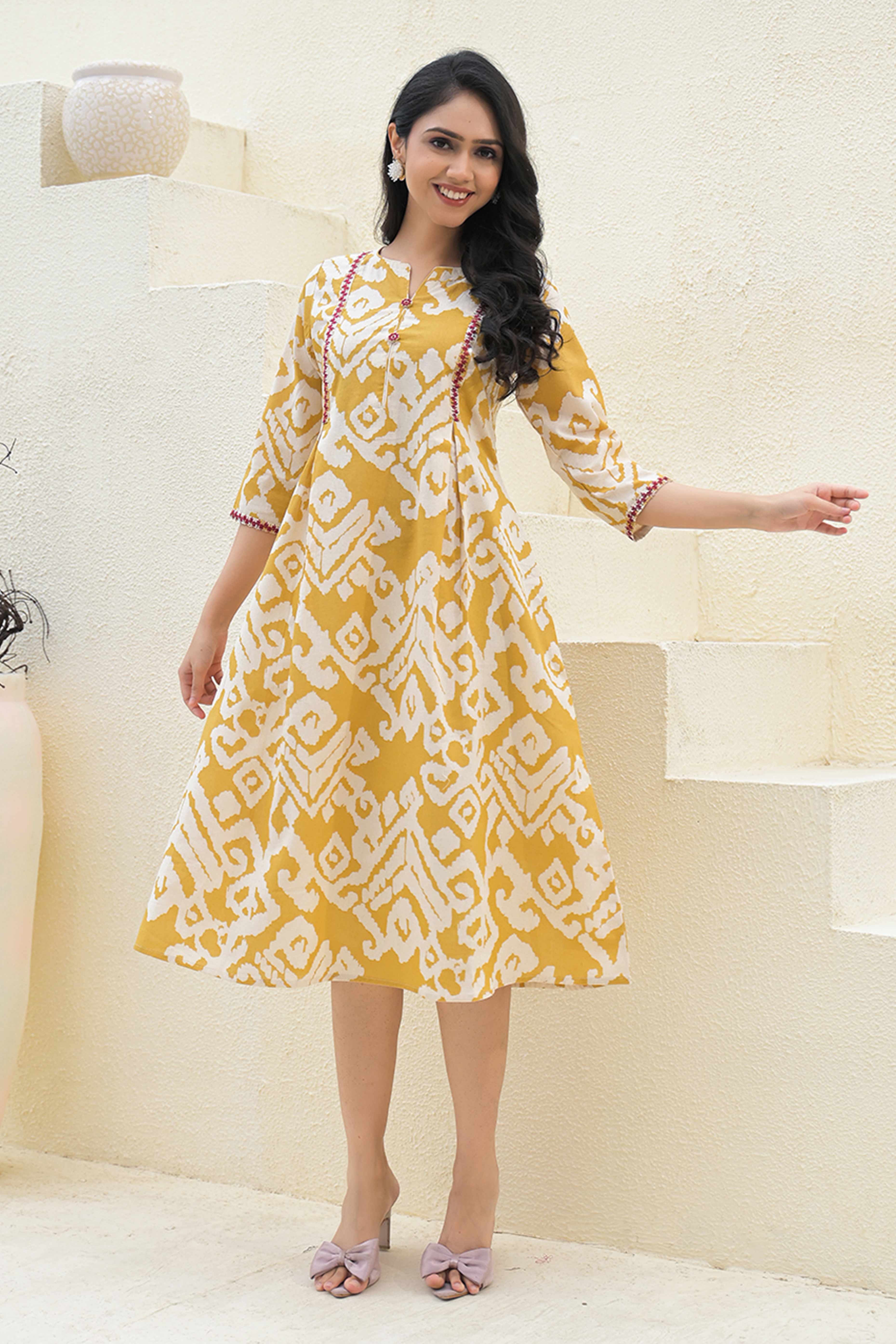 Pure Cotton Mustard A-Line Kurti with Ethnic Ikkat Patterns