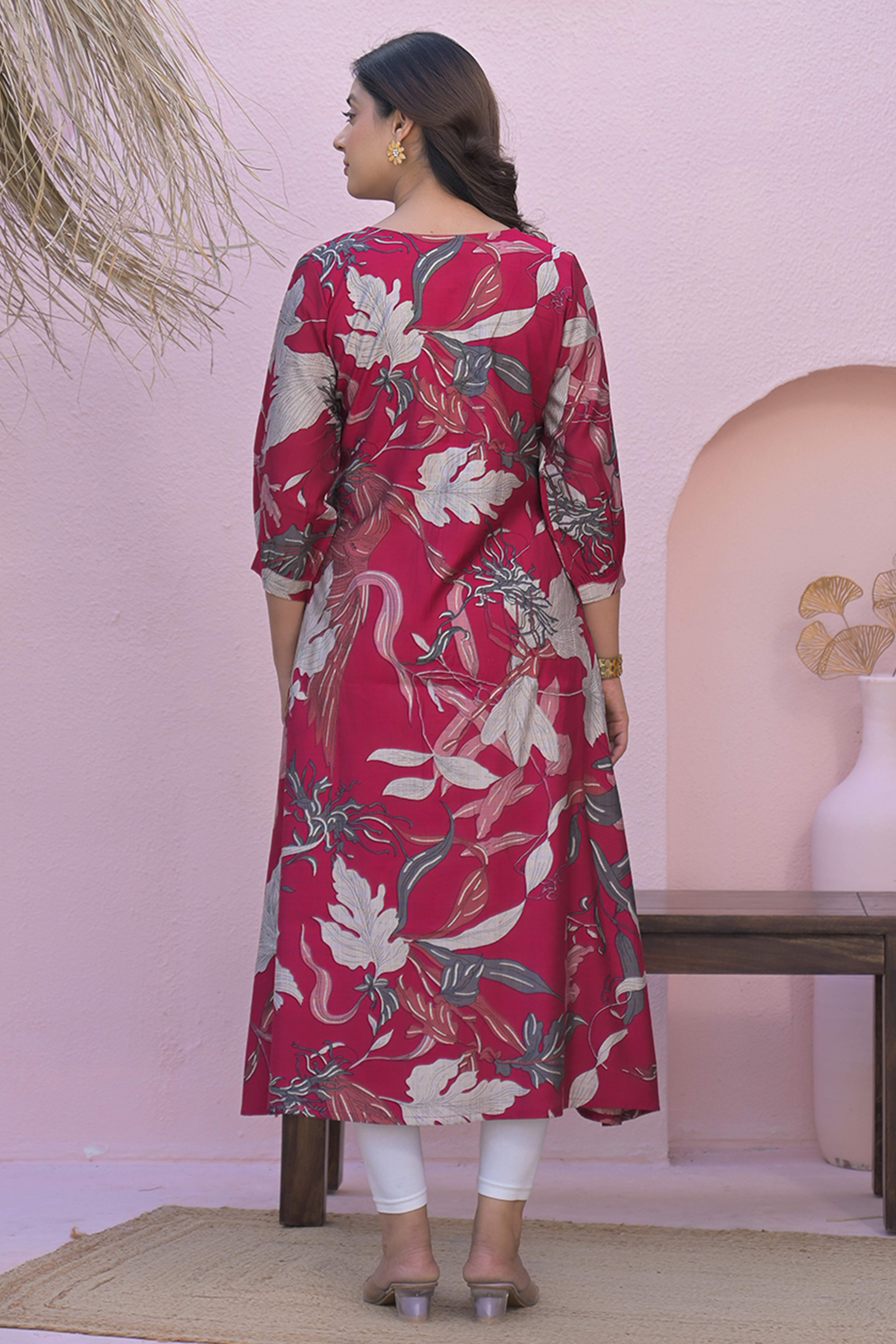 Rani Pink Floral Printed A-Line Kurti in Pure Cotton Fabric