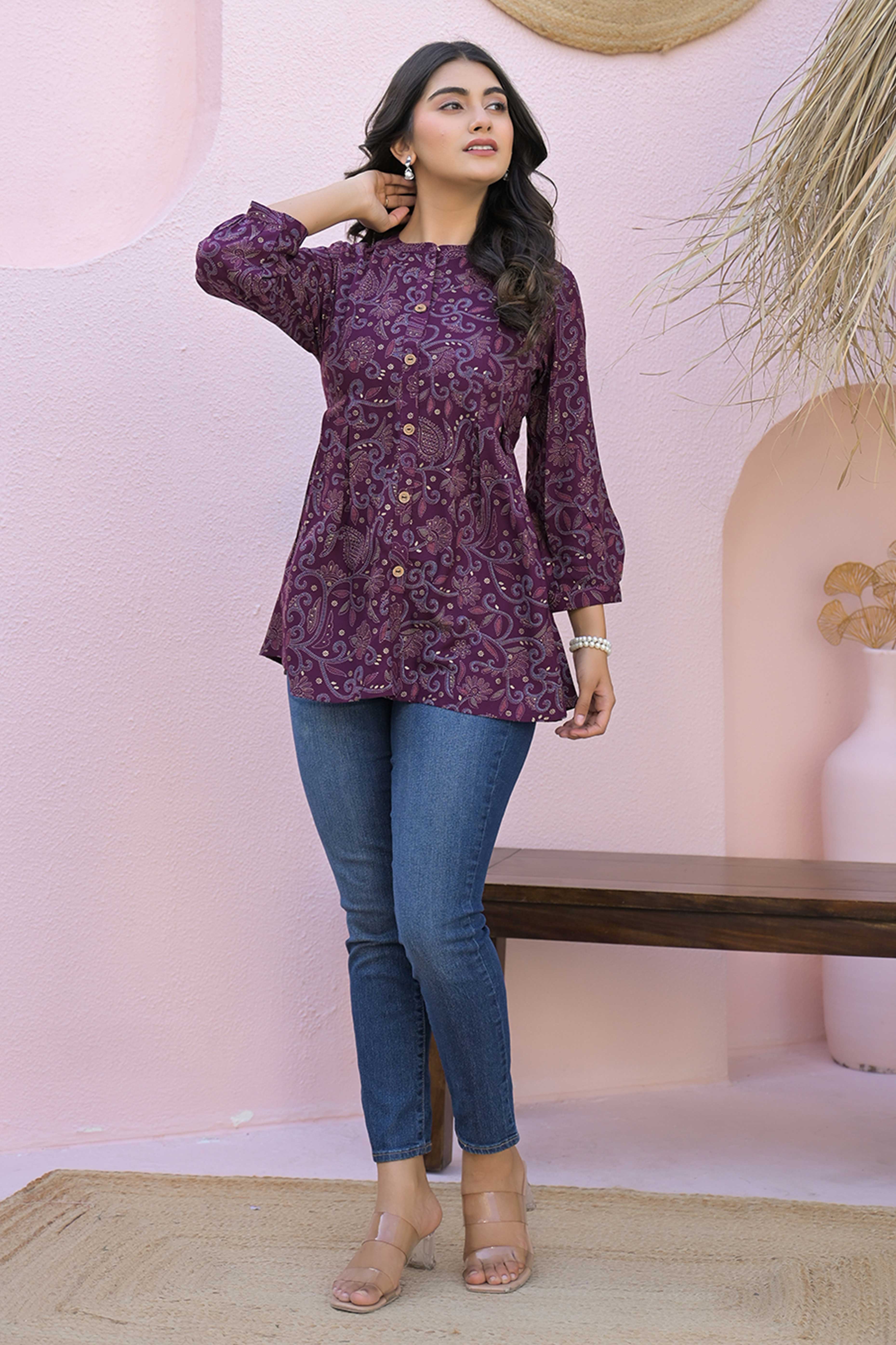 Purple Rayon A-Line Top with Elegant Floral Foil Prints