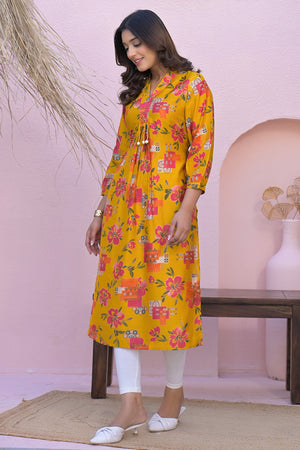 Mustard A-Line Kurti in Soft Viscose with Floral Design
