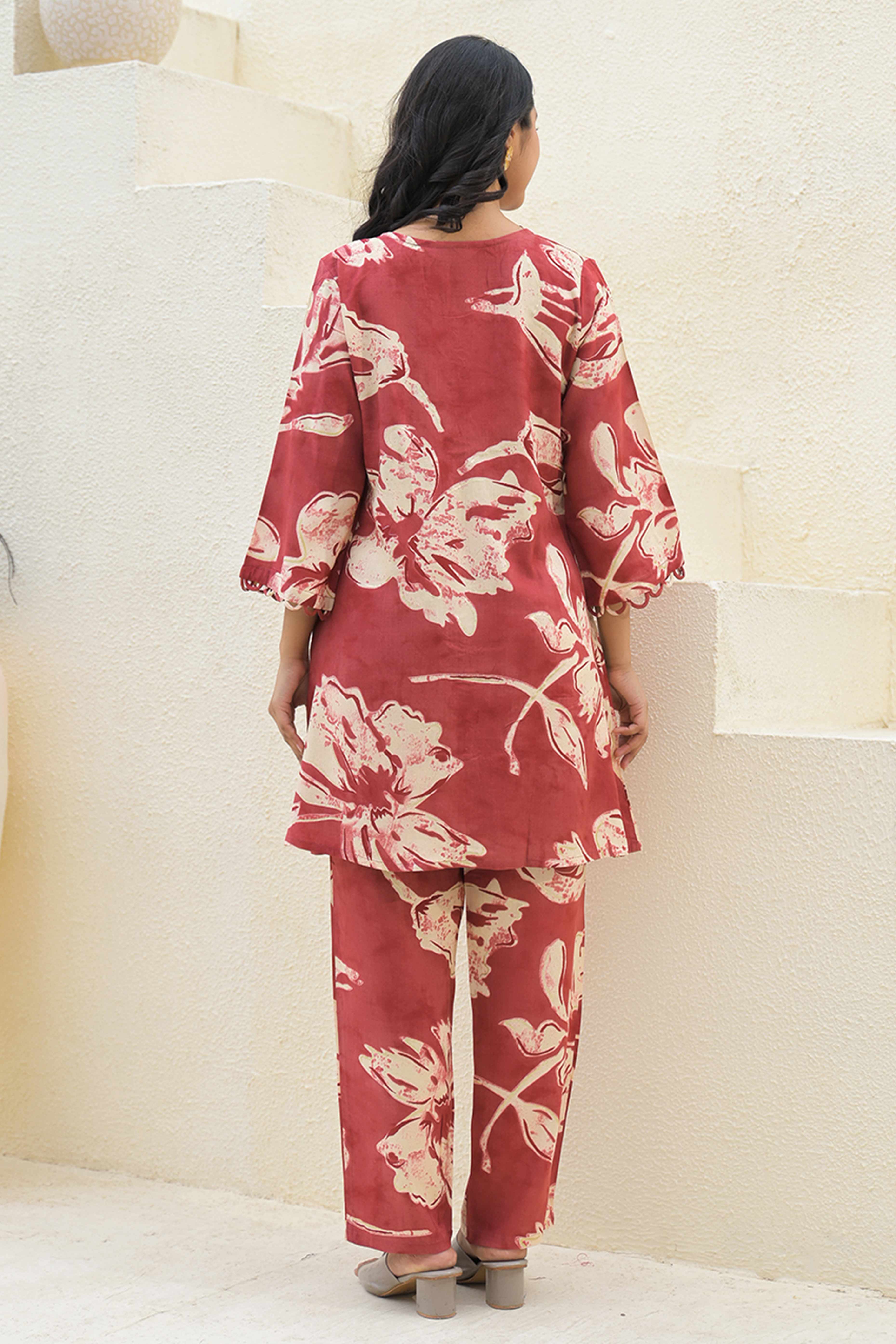 Cherry Red Rayon Co-Ord Set with Straight Cut and Feminine Floral Designs
