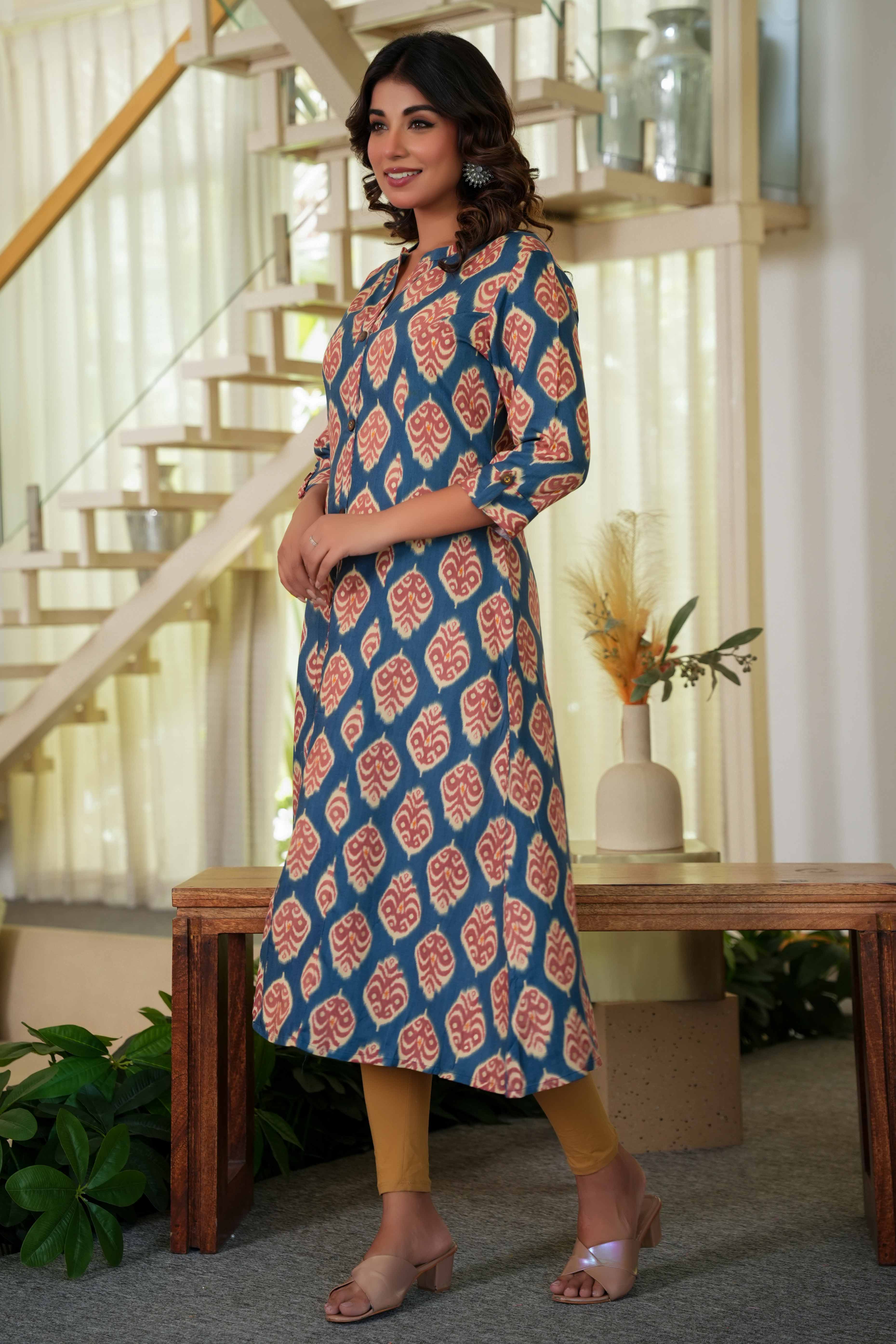 Teal Ikkat Patterned Straight Kurti in Soft Poly Rayon Fabric for All-Day Comfort