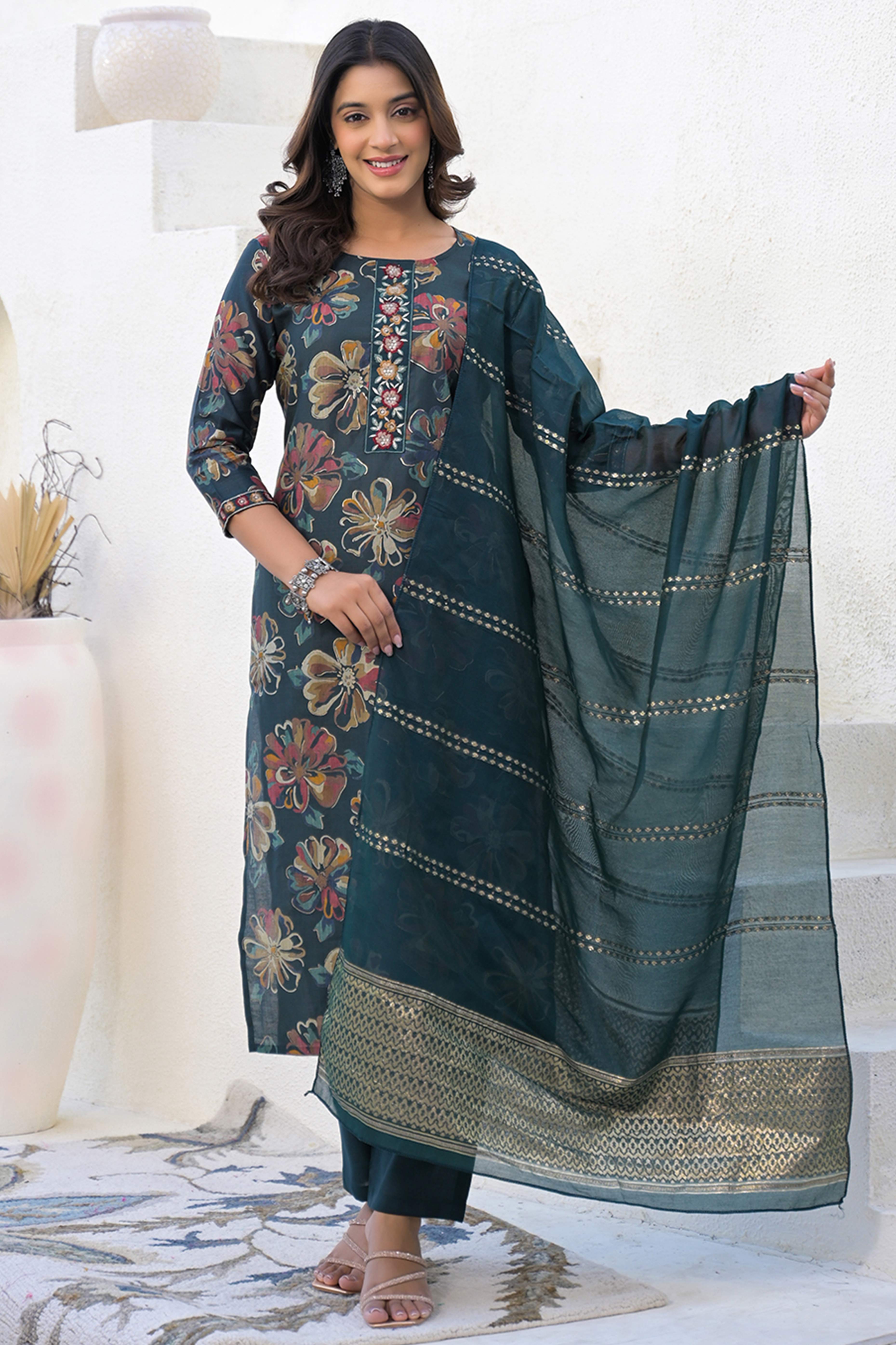 Stylish Bottle Green Viscose Straight Salwar Suit with Floral Pattern