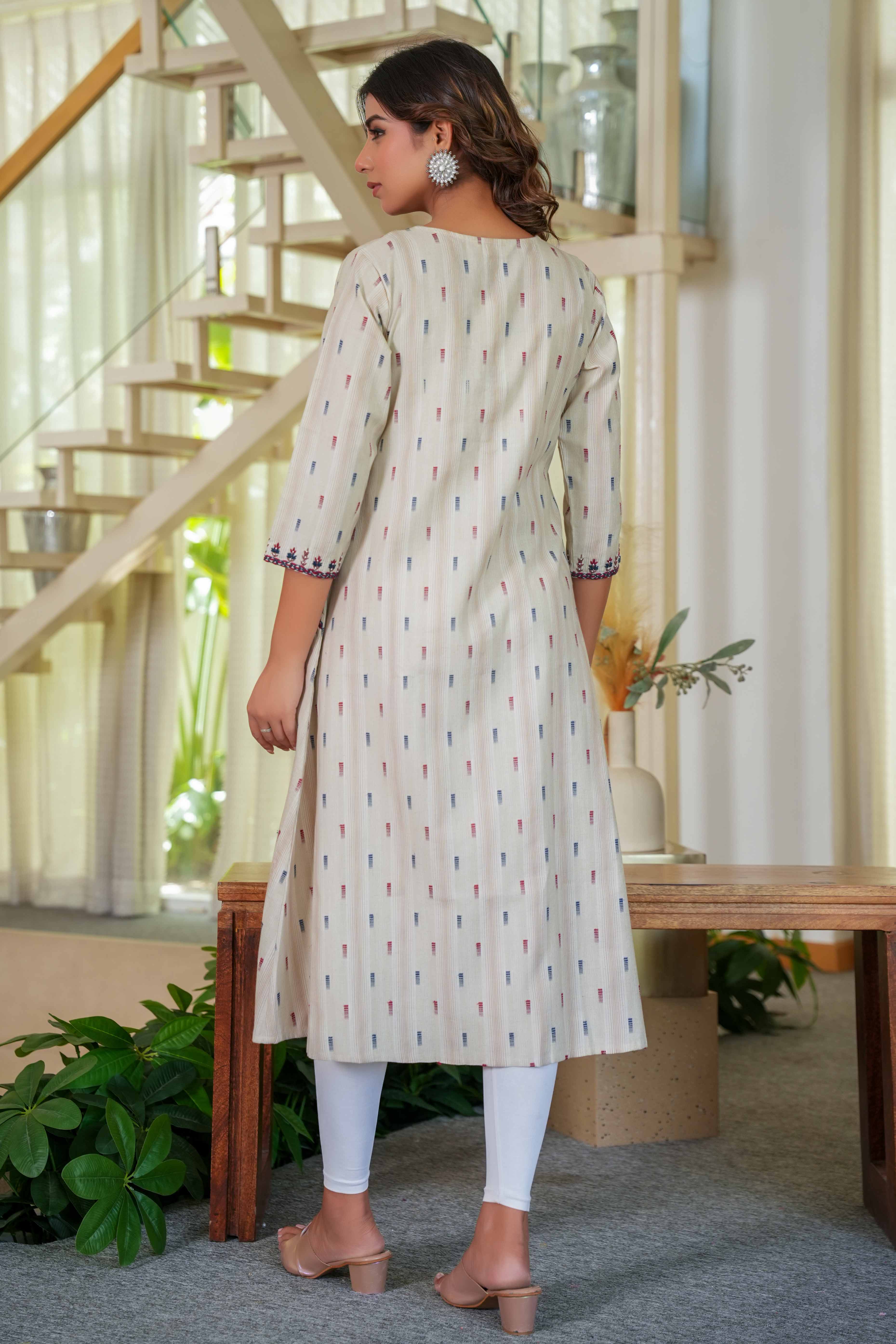Chic Beige A-Line Pure Cotton Woven Kurti Highlighted with Embroidered Neckline
