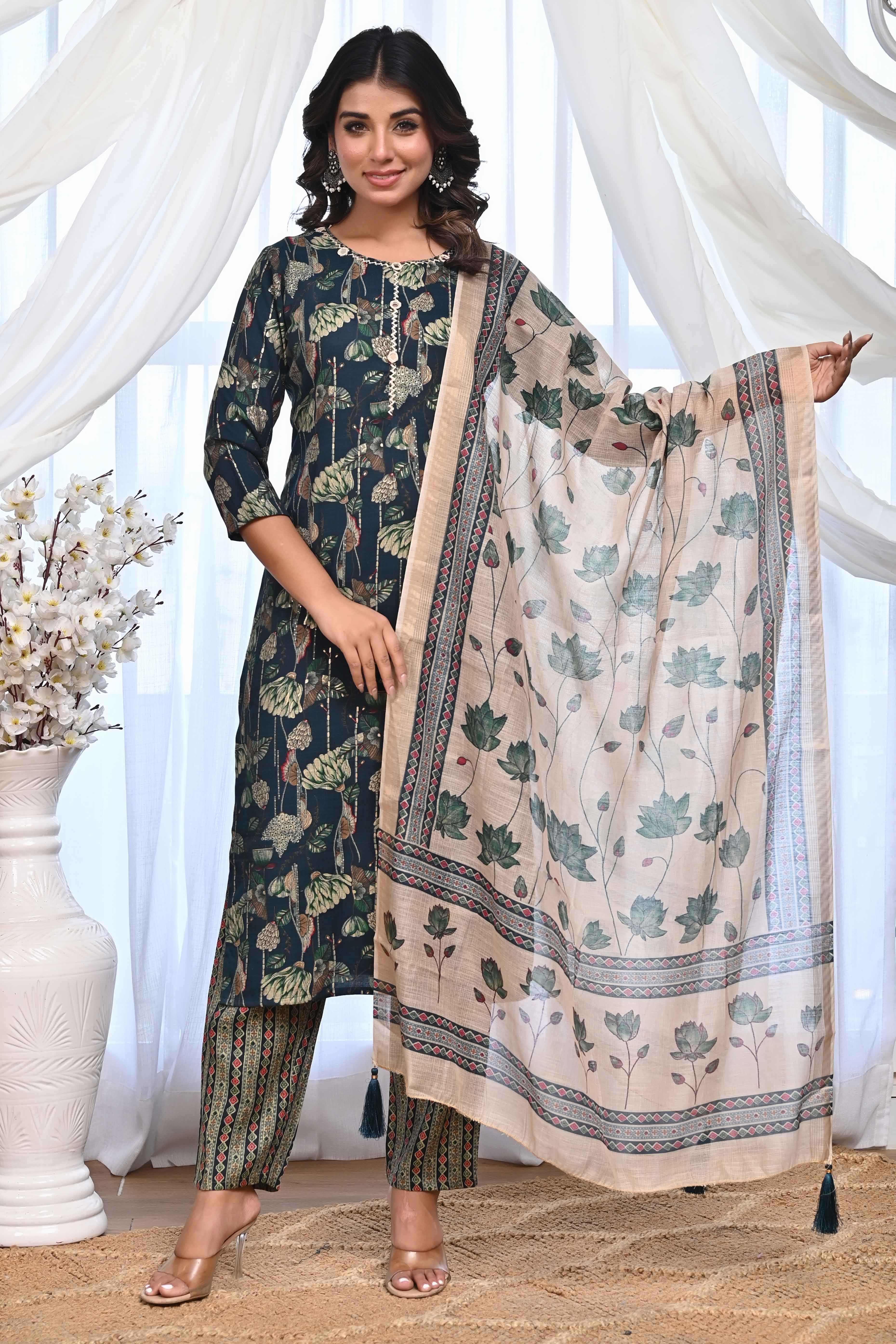 Dark Teal Blue Rayon Salwar Suit With Blooming Floral Print & Elegant Mirror Thread Work