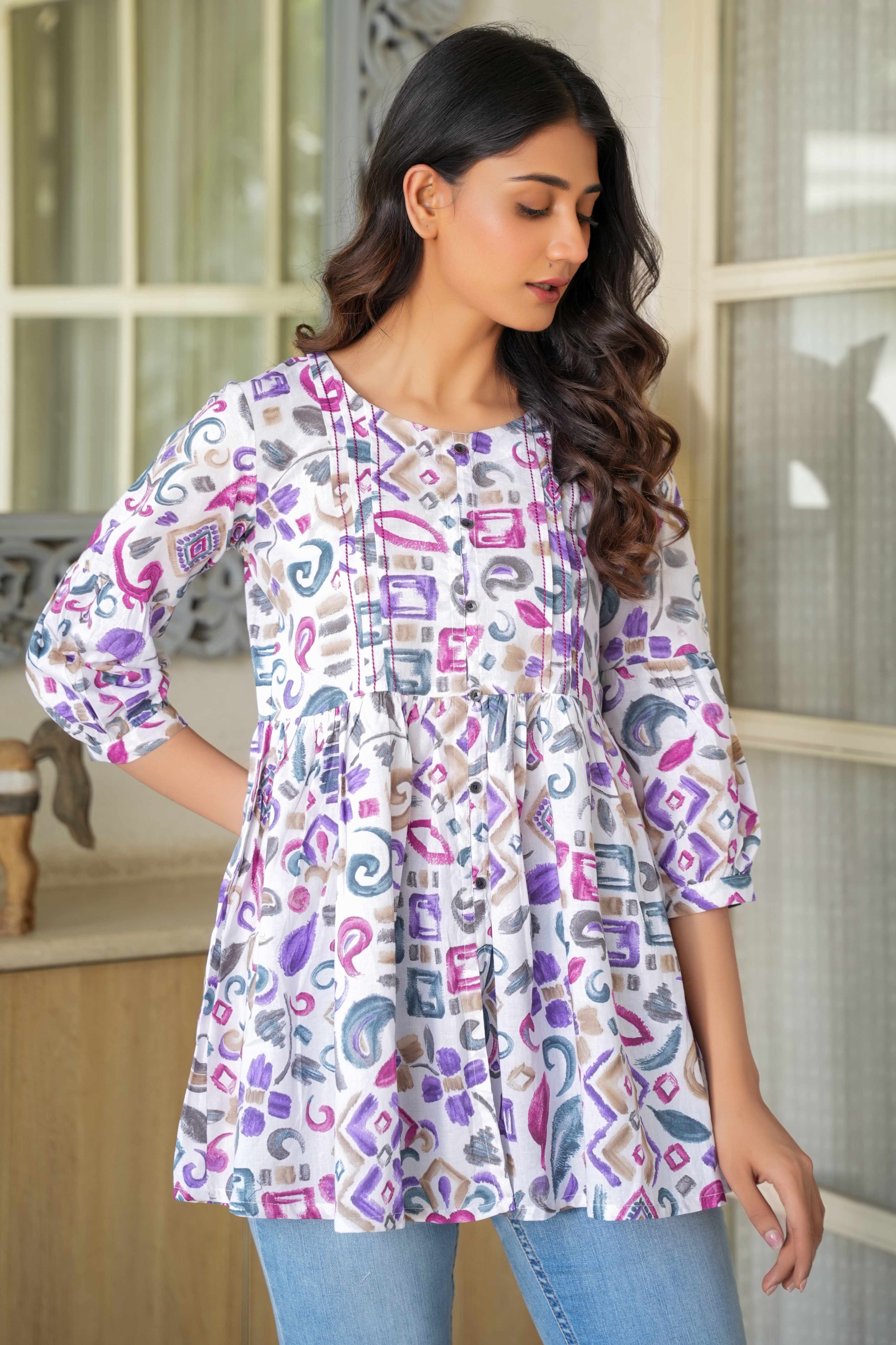 Pure Cotton A-Line Top in White & Wine with Modern Abstract Prints