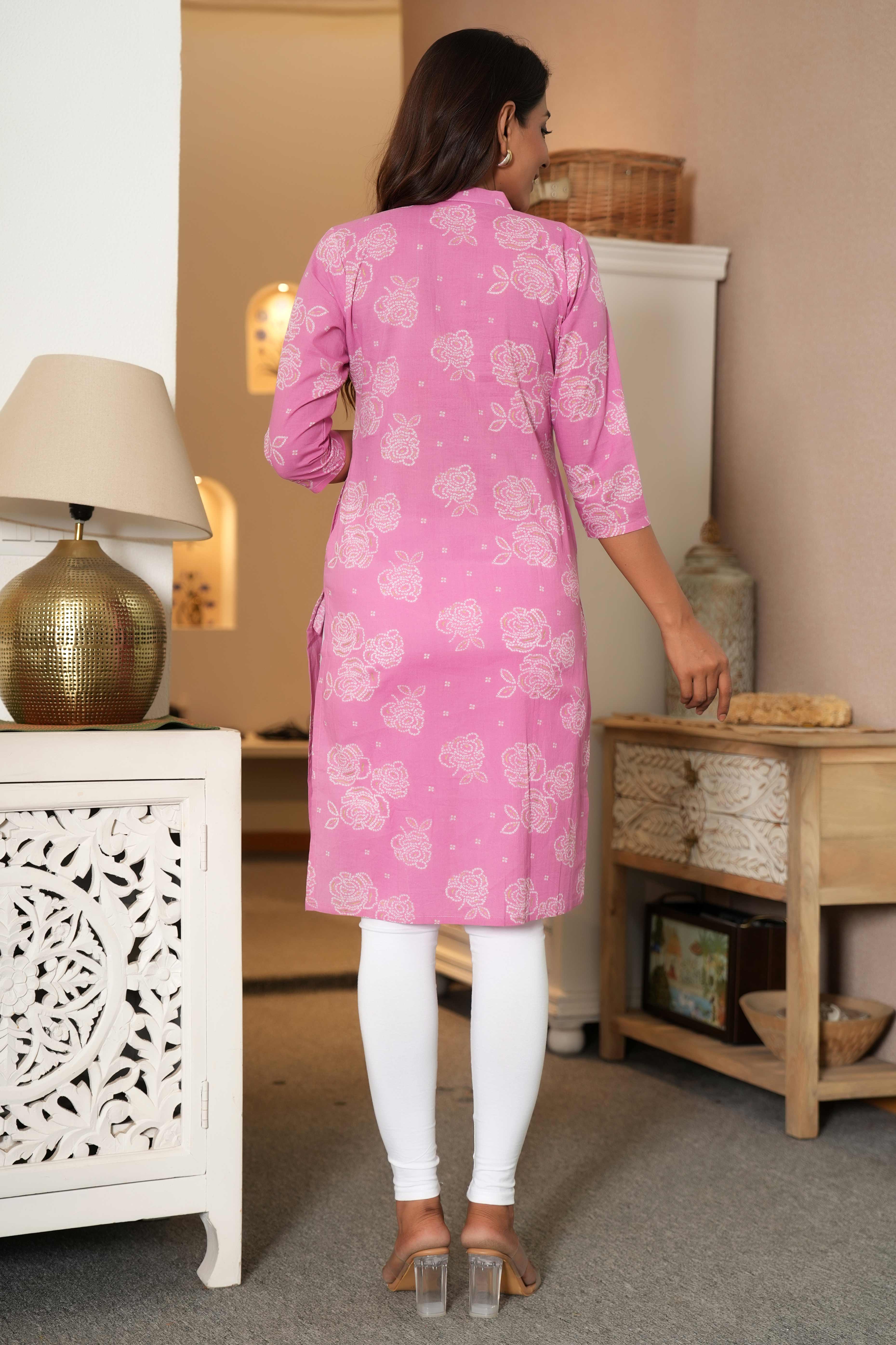 Light Pink Floral Cotton Kurti in Straight Fit For Daily Wear