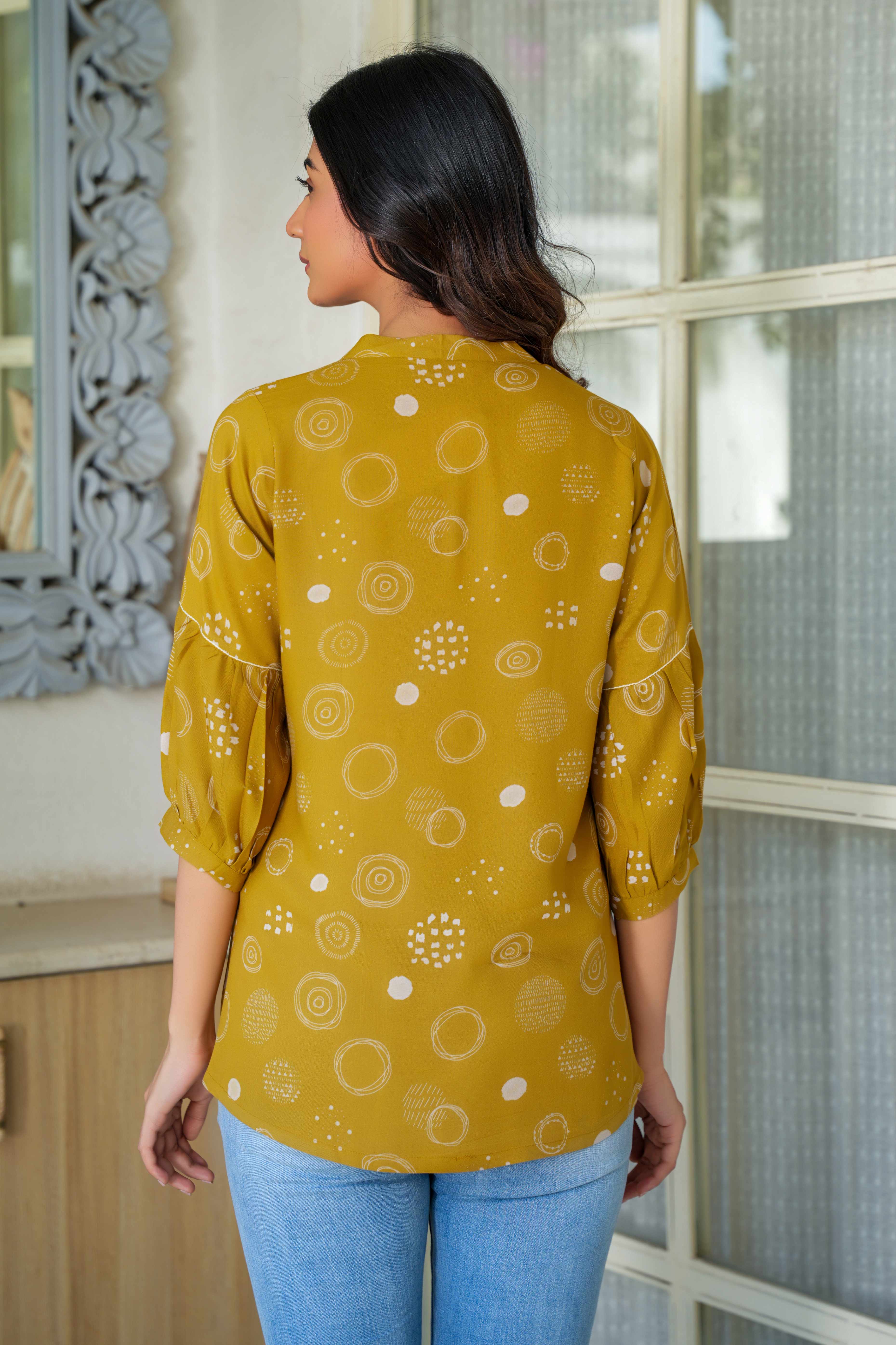 Casual Chic Rayon Mustard A-Line Top with Abstract Motif