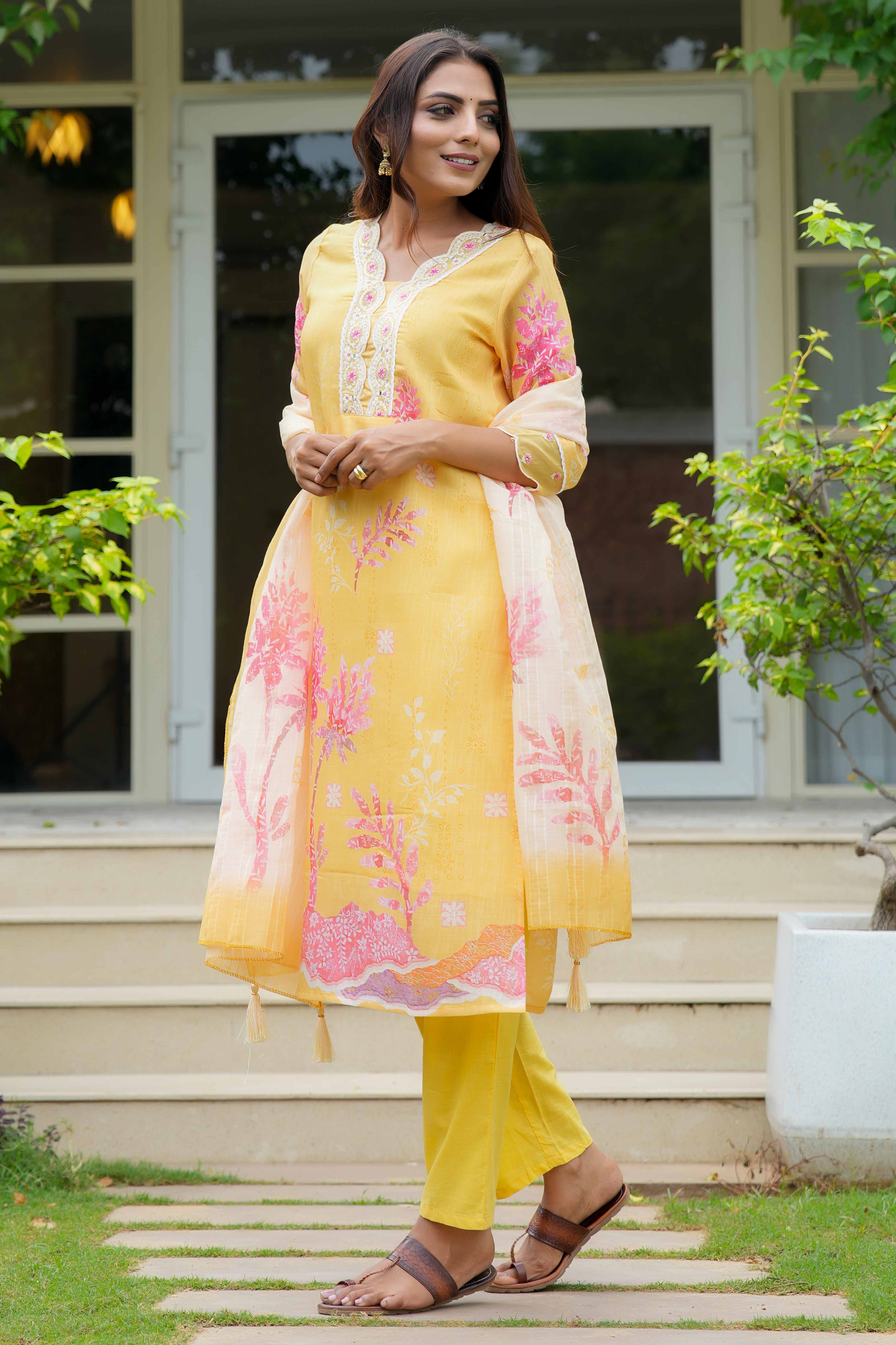 Yellow Floral With Lace Work One Neck Linen Salwar Suit
