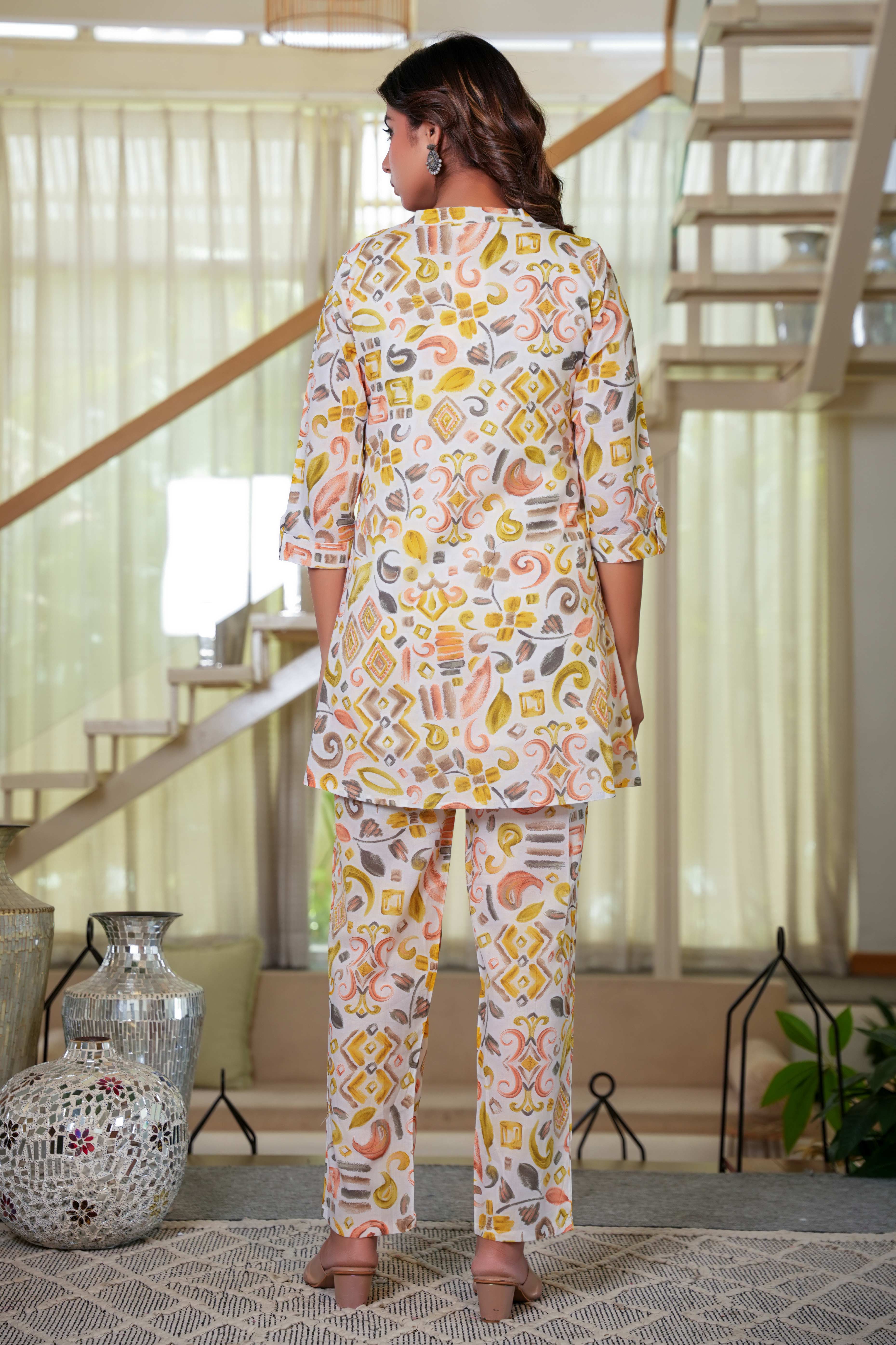 White and Mustard Abstract Pattern Angrakha Style Co-Ord Set in Soft Cotton Fabric