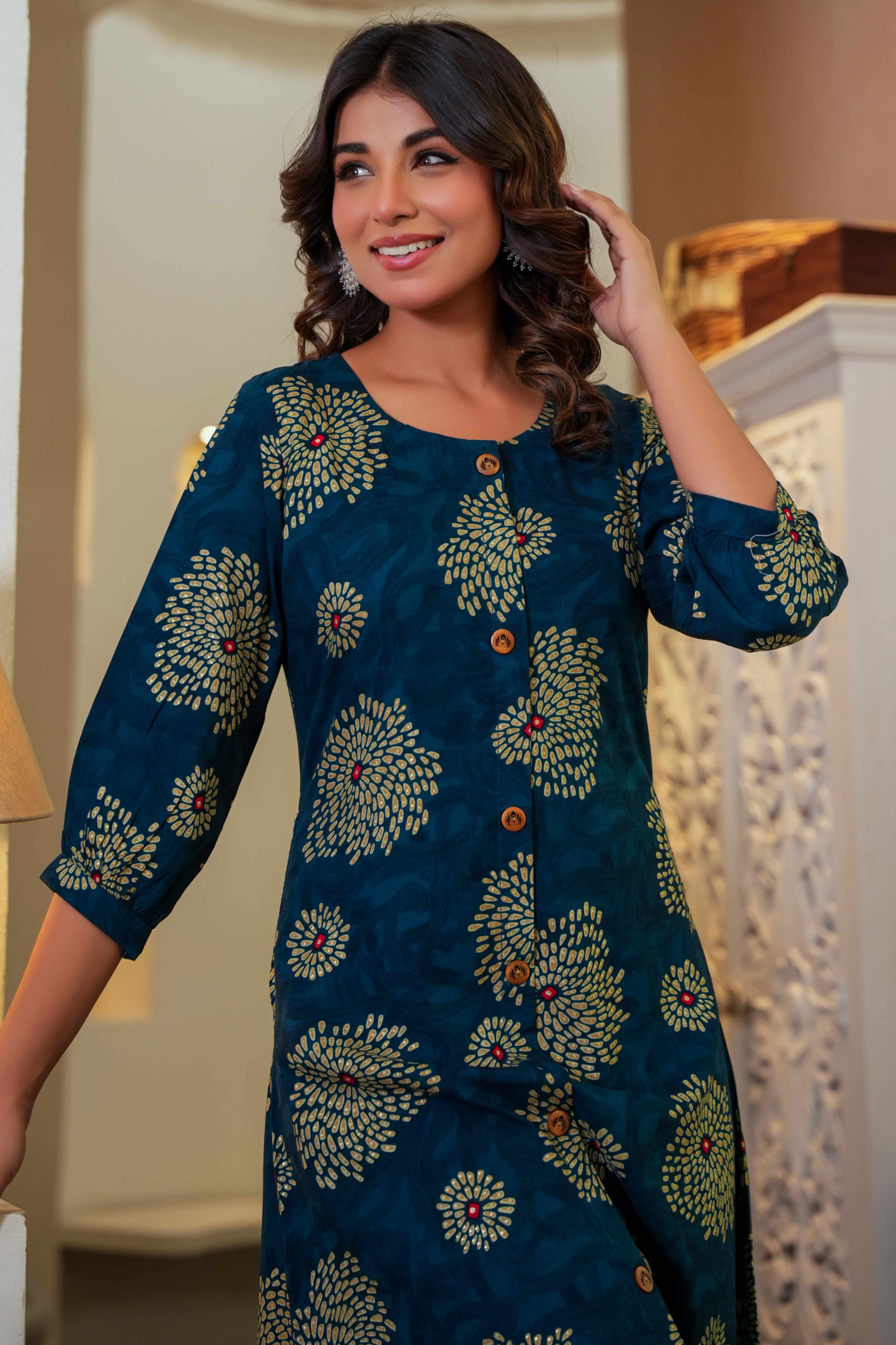 Comfort Fit Viscose A-Line Kurti in Dark Blue with Feminine Floral Print