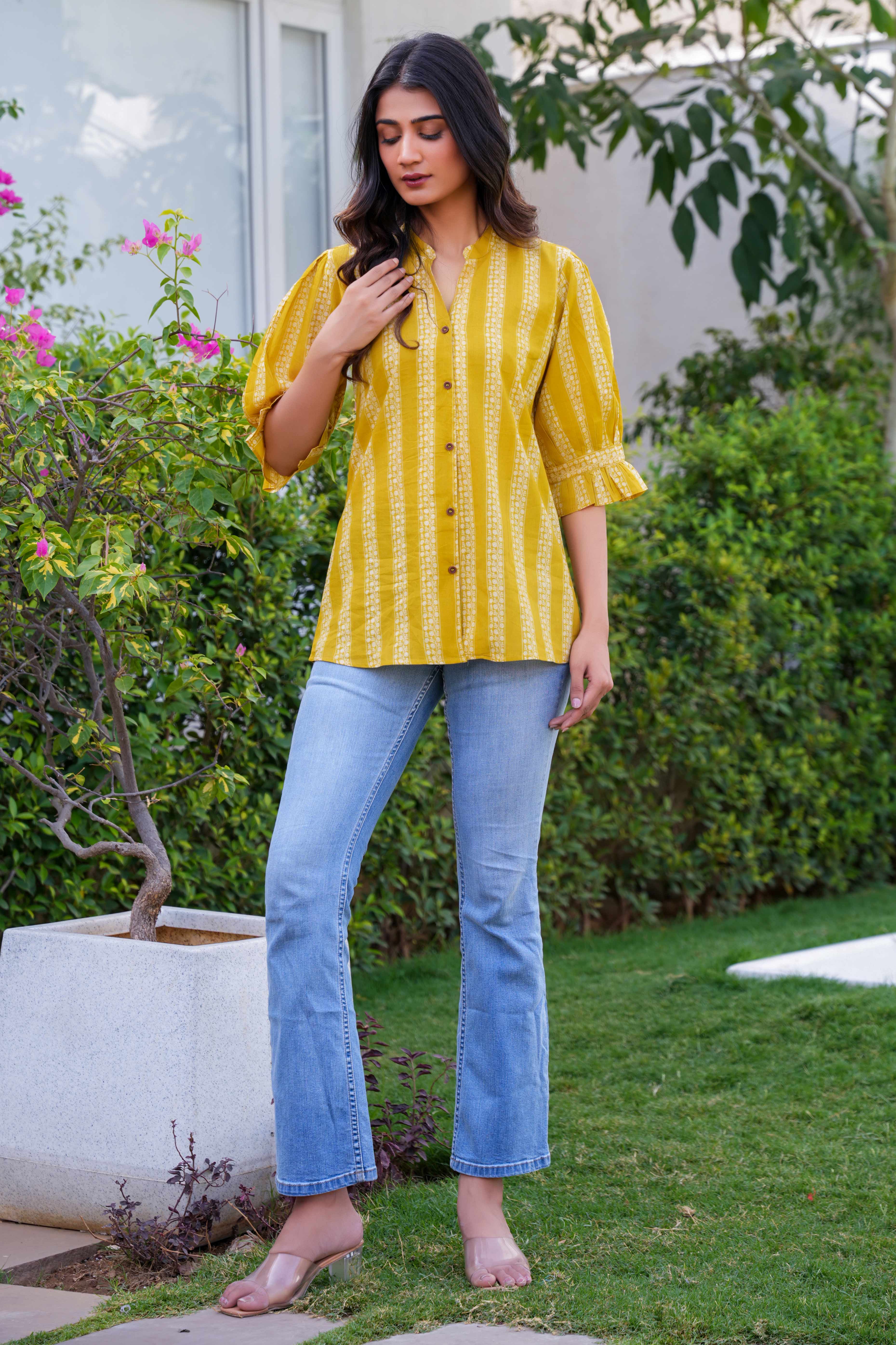 Everyday Comfort Olive Shirt Top with Elegant Floral-Striped Print in Pure Cotton