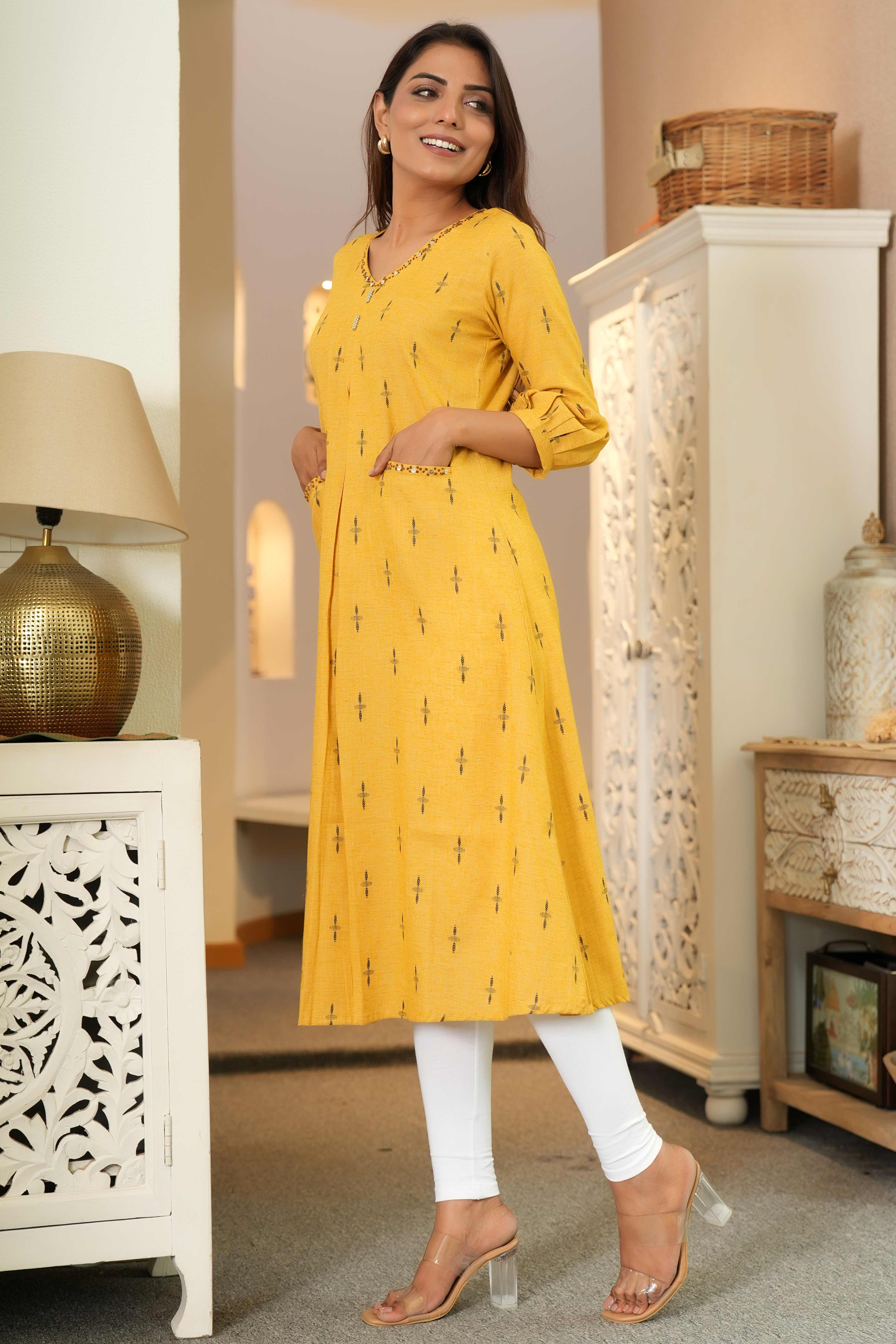Yellow Pure Cotton A-Line Kurti with Elegant Weaving and Beads Work
