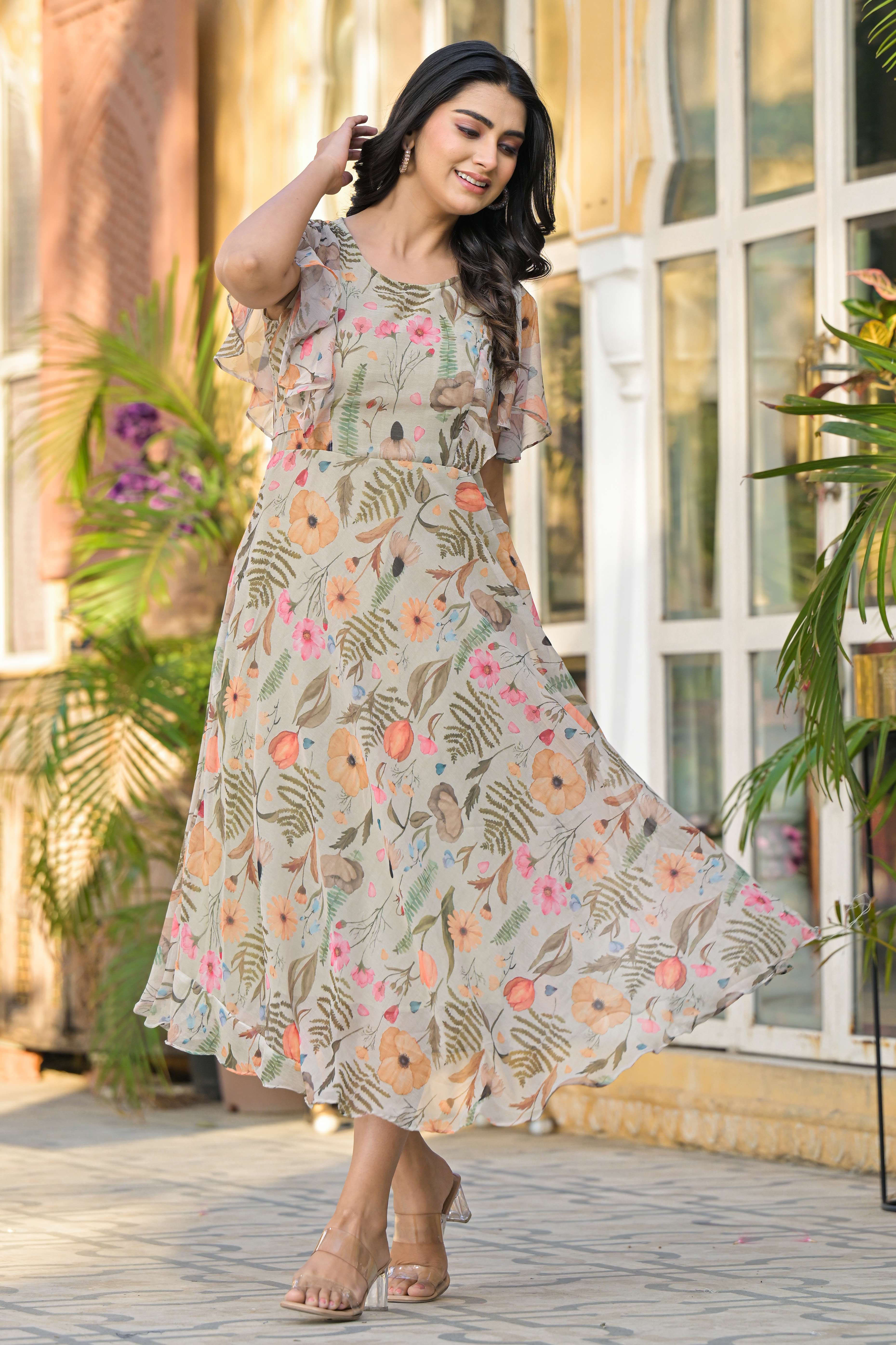 Light Olive Digital Floral Printed Chiffon Maxi Dress