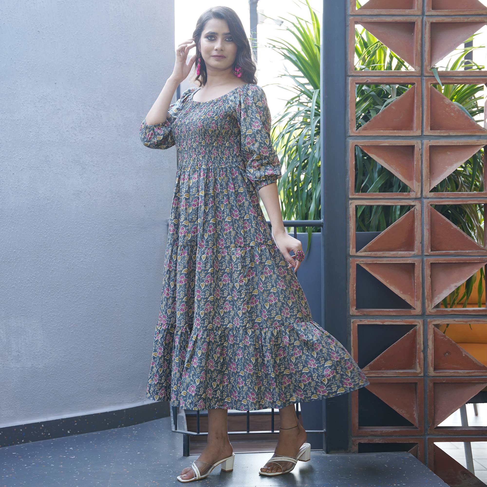 Grey Floral Printed Pure Cotton Dress